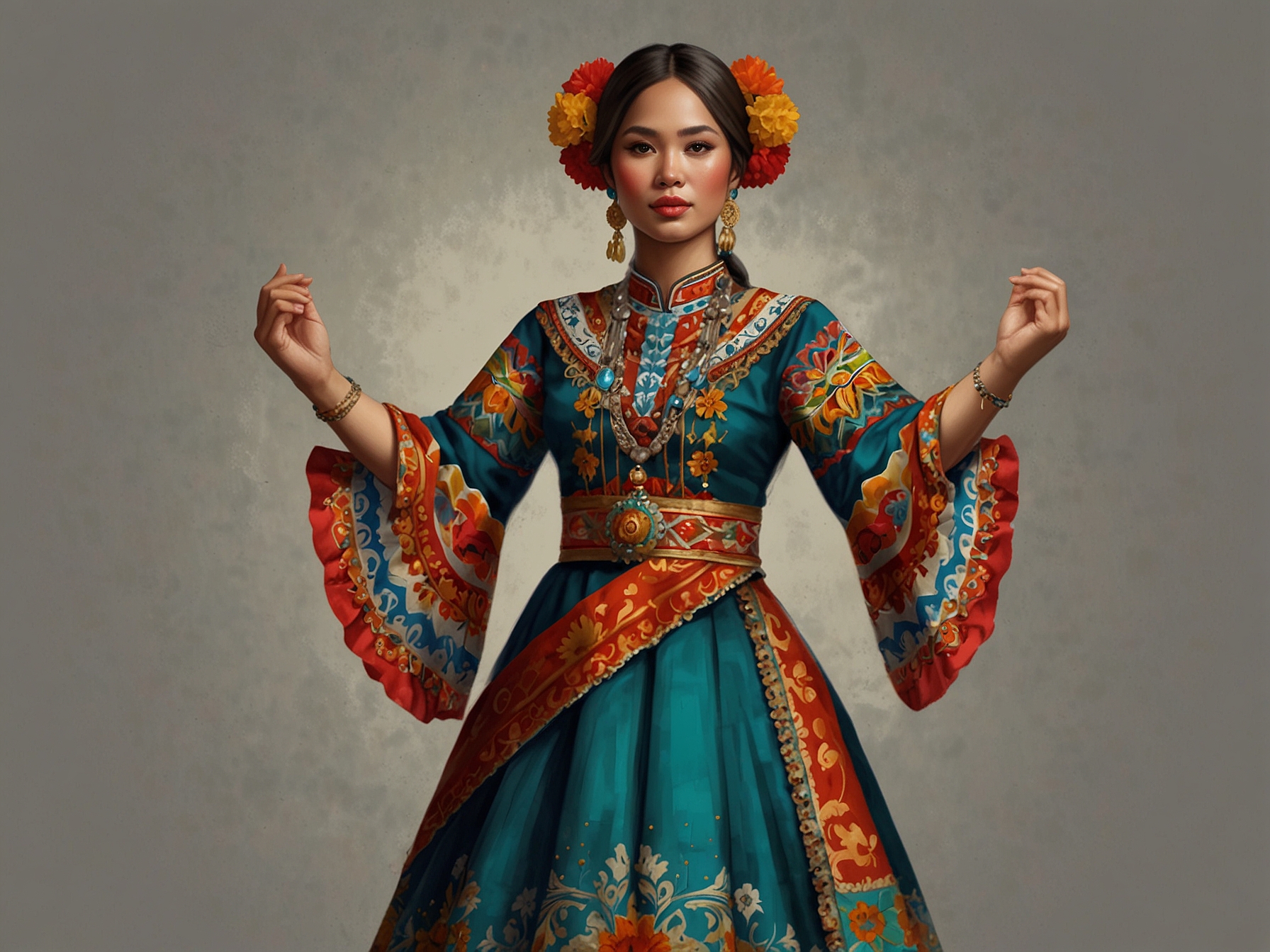 Chelsea Manalo gracefully wears her national costume 'Hiraya', embellished with vibrant fabrics and traditional Tongkaling bells, highlighting cultural unity and history.