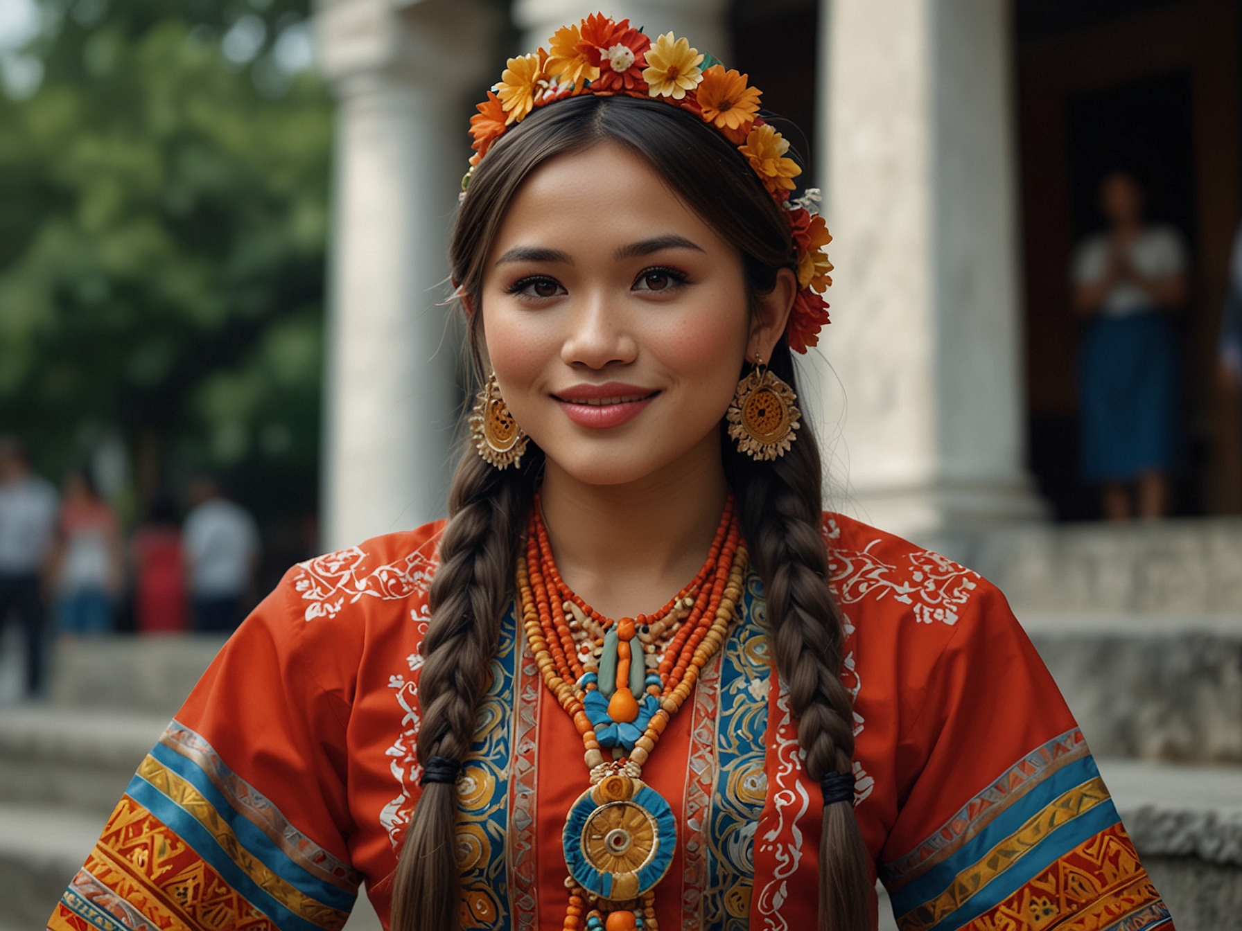 Chelsea Manalo stands proud in her national costume, showcasing the powerful blend of Christian and Islamic elements, representing the rich cultural ties between the Philippines and Mexico.
