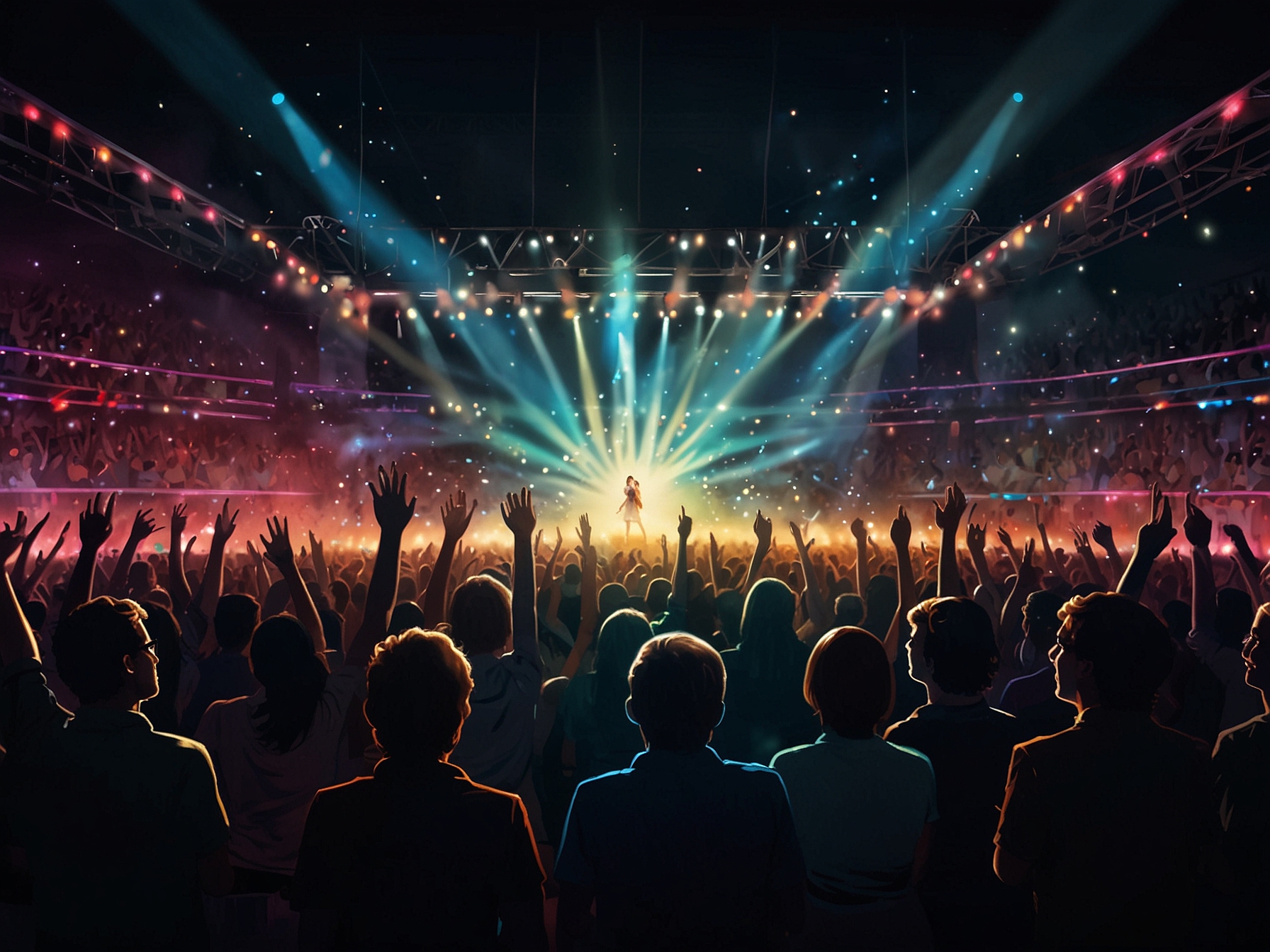 A photo of a concert crowd illuminated by colorful lights, with fans holding up signs and glowing items in excitement, representing the thrill of attending a Taylor Swift concert.