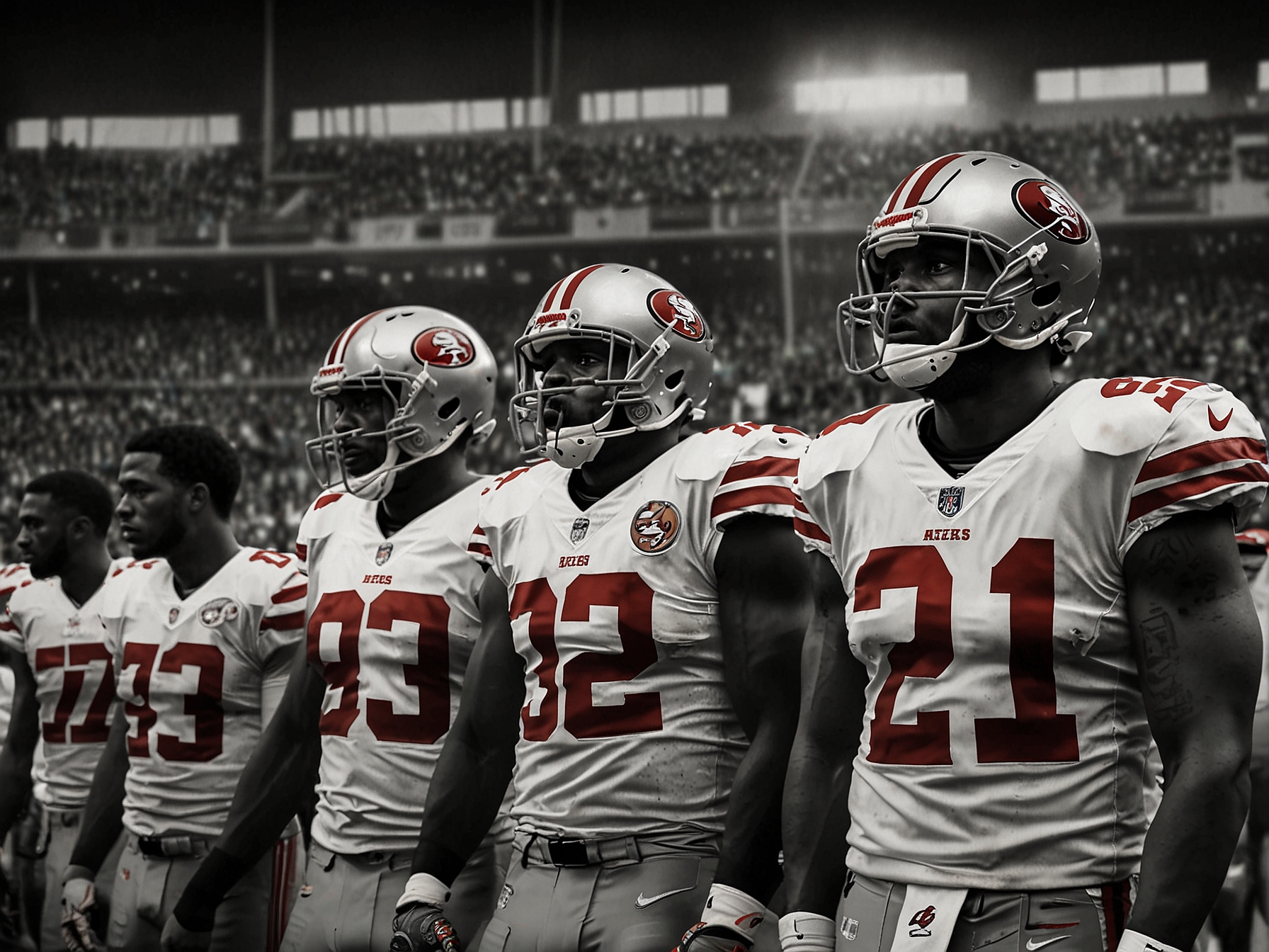 A tense moment from the game showing 49ers players on the sidelines, visibly frustrated after a close loss to the Seahawks, with the scoreboard displaying the final score of 20-17.