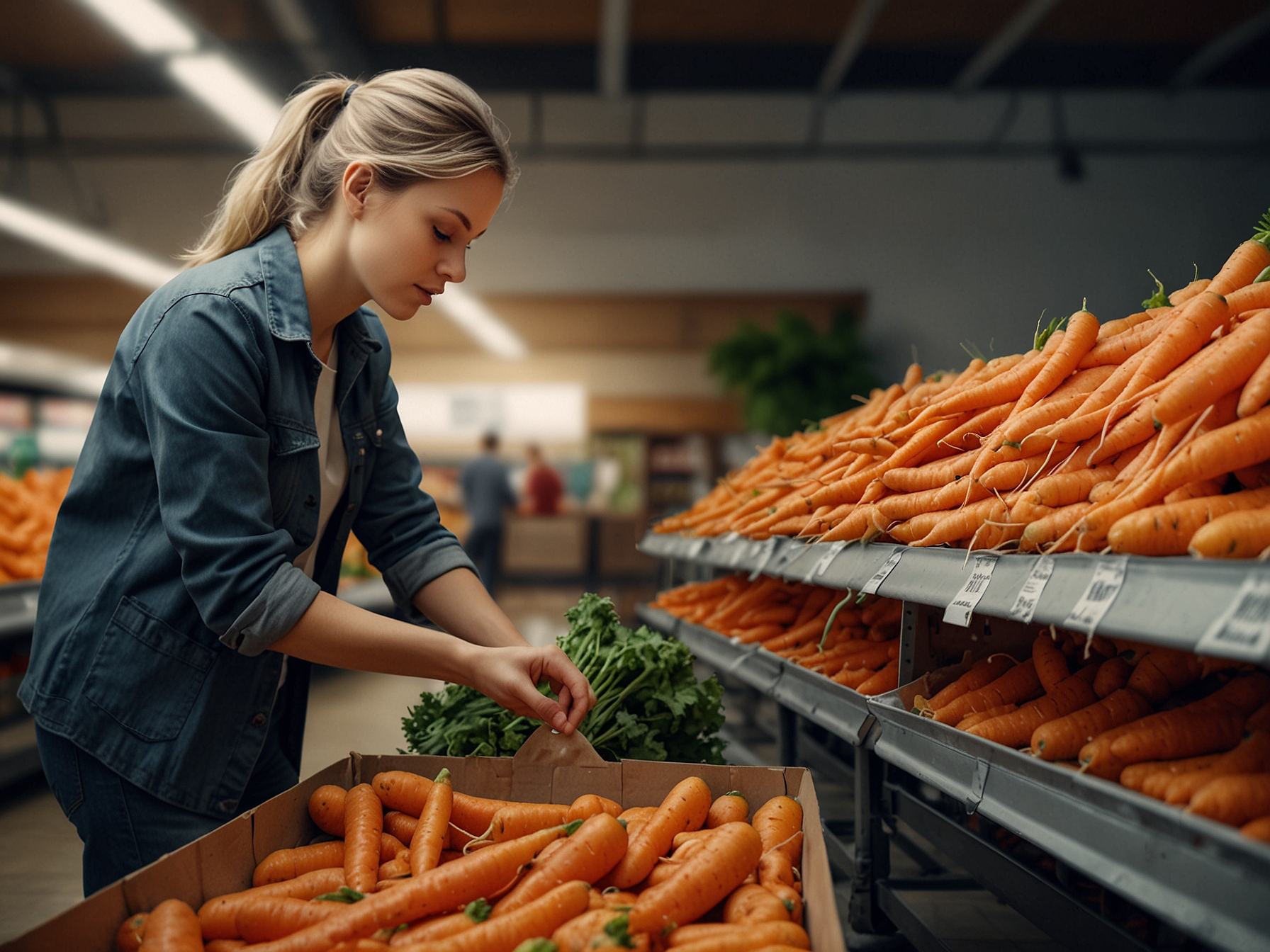 A person inspecting a bag of organic carrots in a grocery store, emphasizing the importance of checking for product recalls and safety information.
