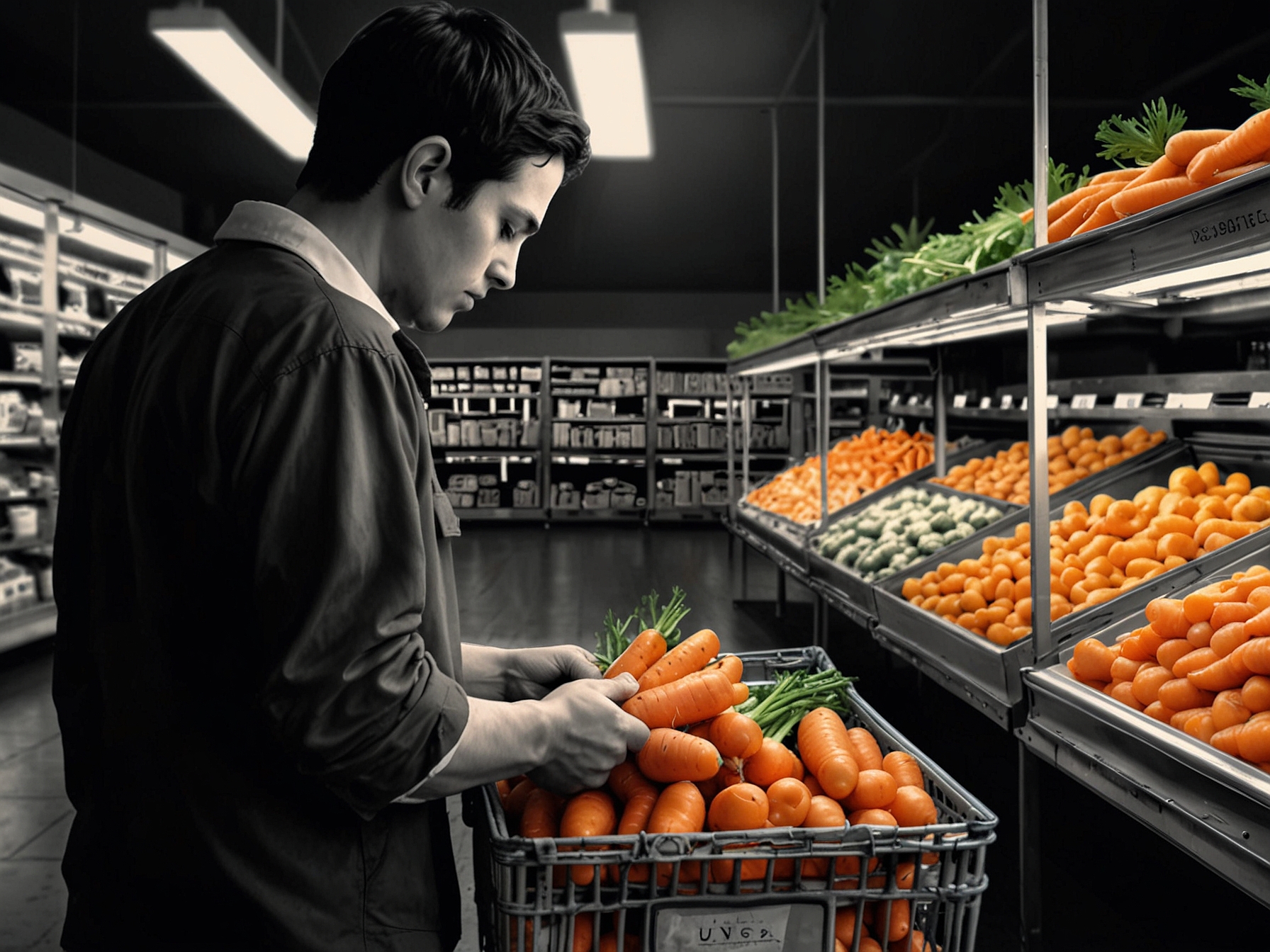 A table set for dinner with fresh vegetables, including carrots, juxtaposed with a cautionary label about food safety, symbolizing the hidden dangers in seemingly healthy meals.