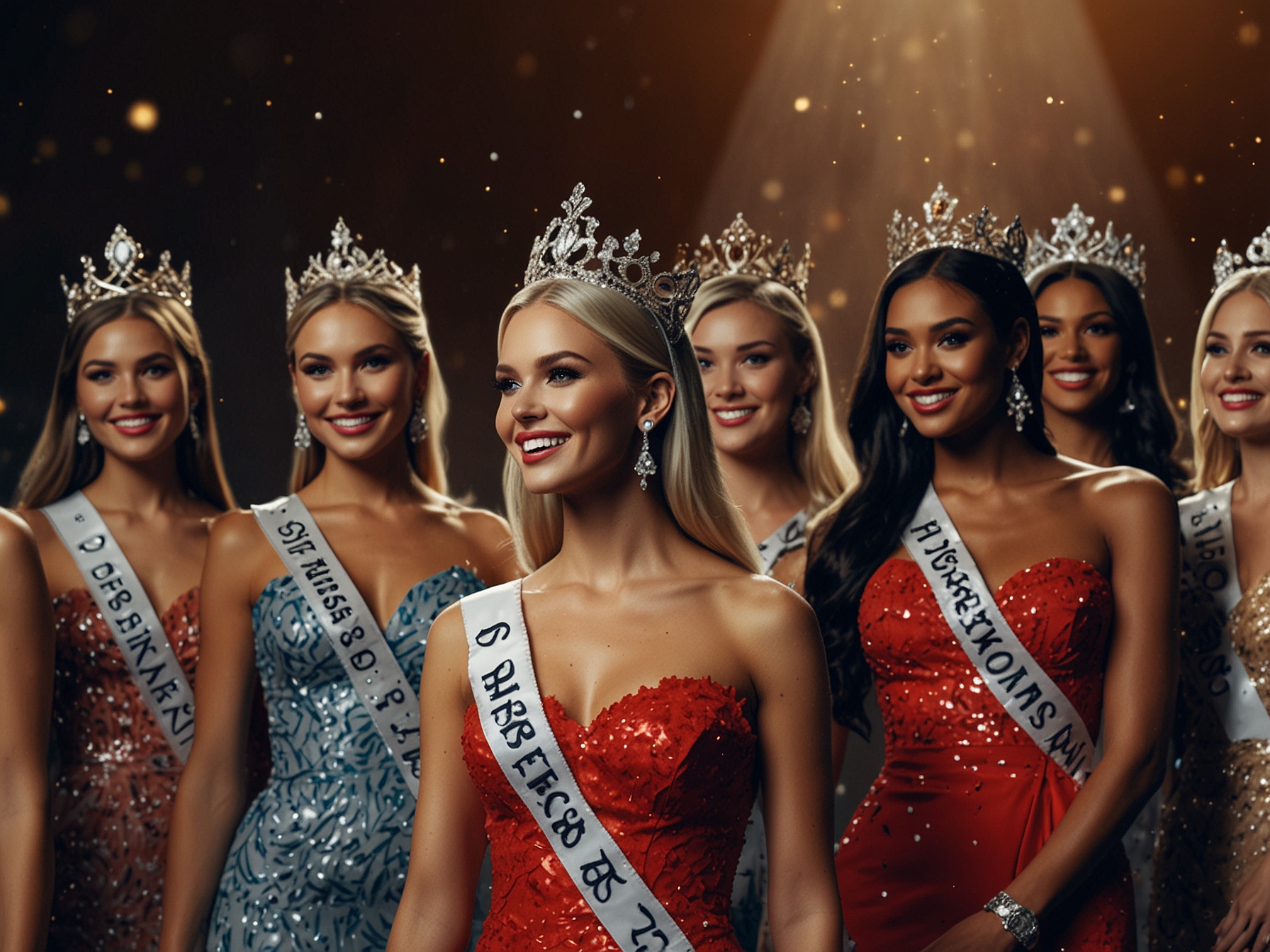 A group photo of Victoria Kjær Theilvig with the runners-up, showcasing diverse contestants who participated in Miss Universe 2024, representing unity and strength.