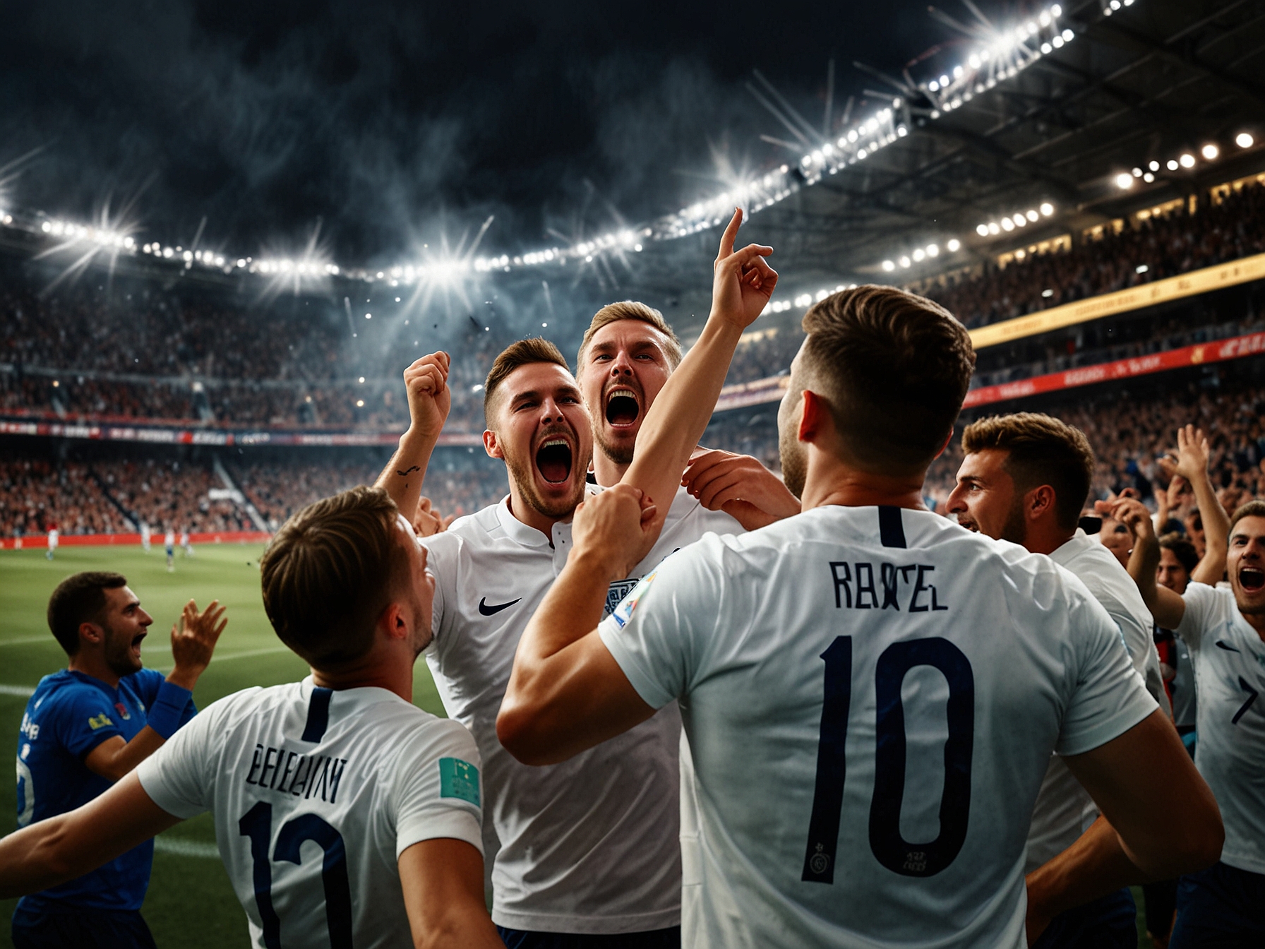 An exhilarating scene from a UEFA Nations League match, showcasing England celebrating a goal with jubilant players, fans cheering in the stands, and a vibrant lively atmosphere.
