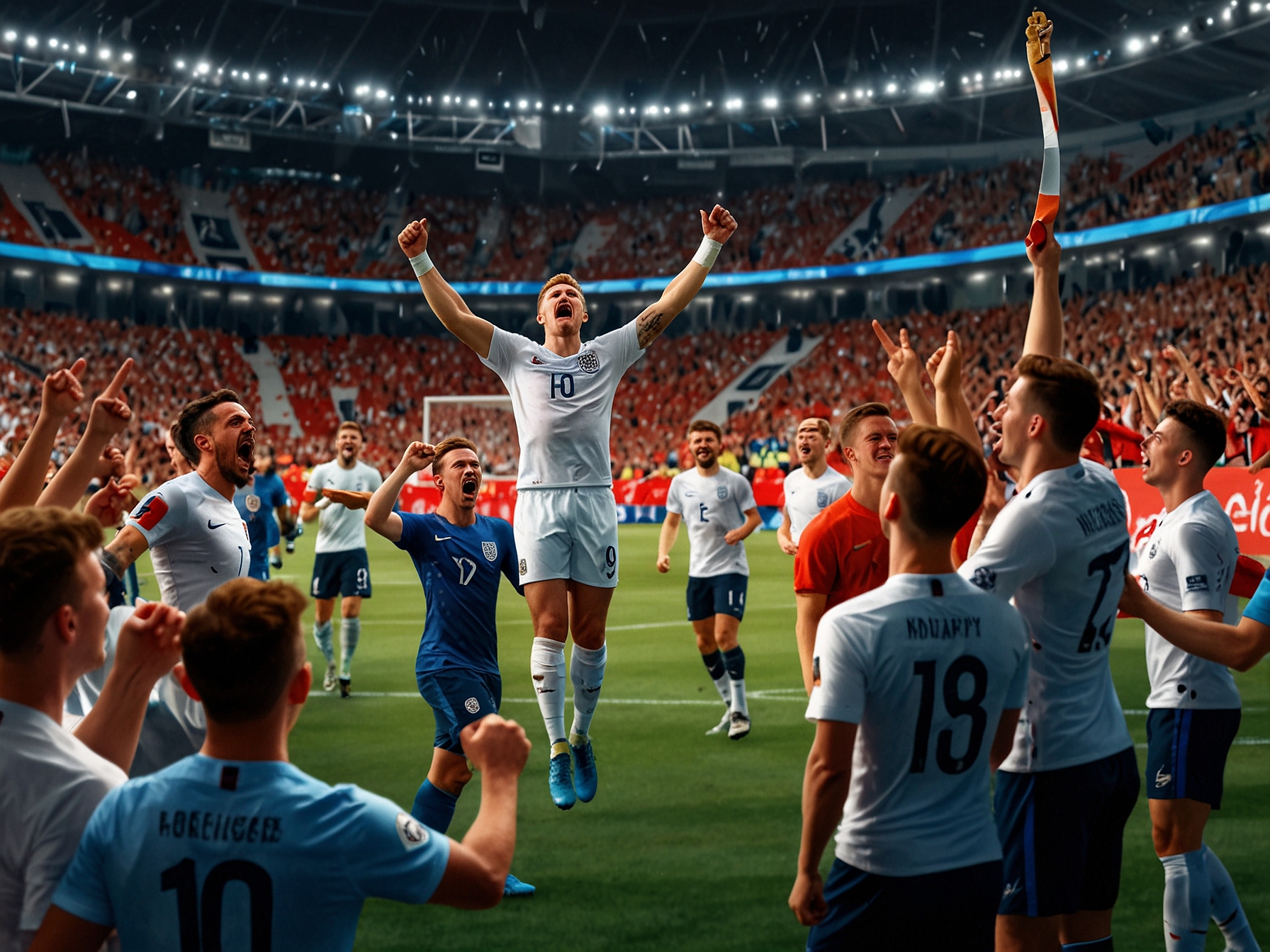 A close-up of Erling Haaland celebrating his hat trick, surrounded by teammates, as they revel in their dominate performance against Kazakhstan, showcasing sheer joy and determination.