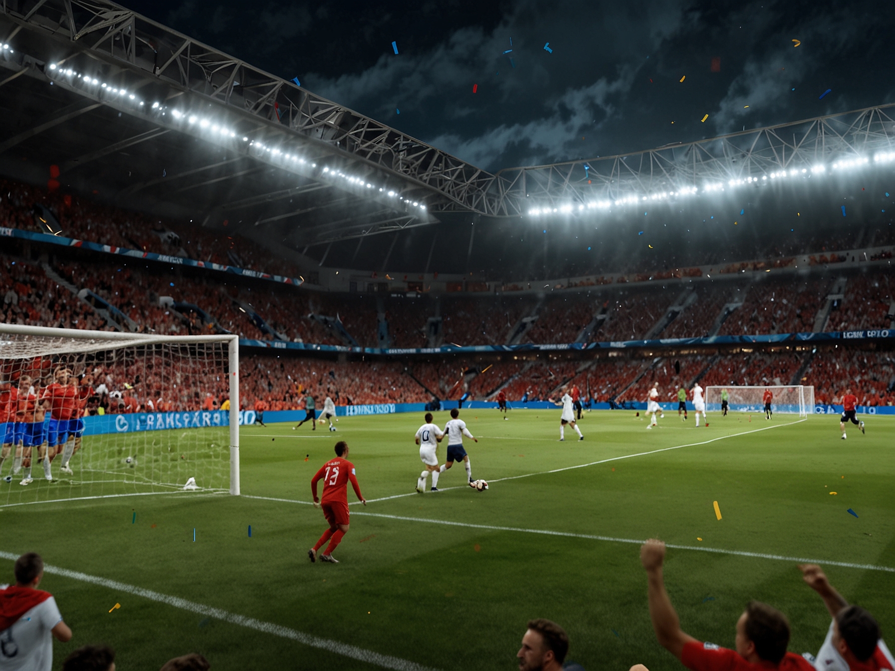 A dramatic moment featuring the Macedonian national team as they celebrate their historic promotion, embodying the essence of underdog spirit and the triumph of hard work on the football field.