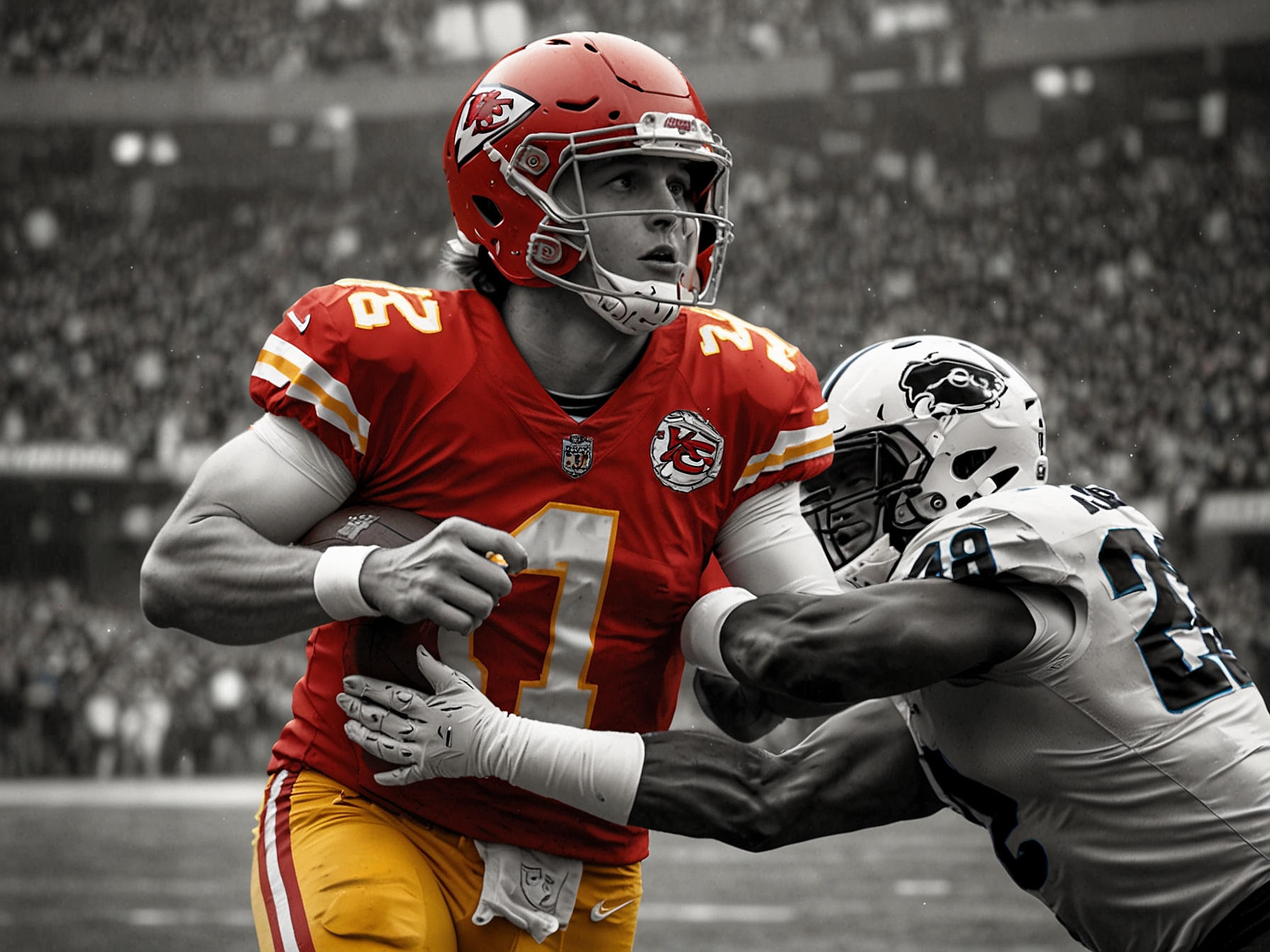 Patrick Mahomes in action, looking for an open receiver amidst Buffalo’s heavy defense, emphasizing the tense atmosphere of their recent high-stakes game.