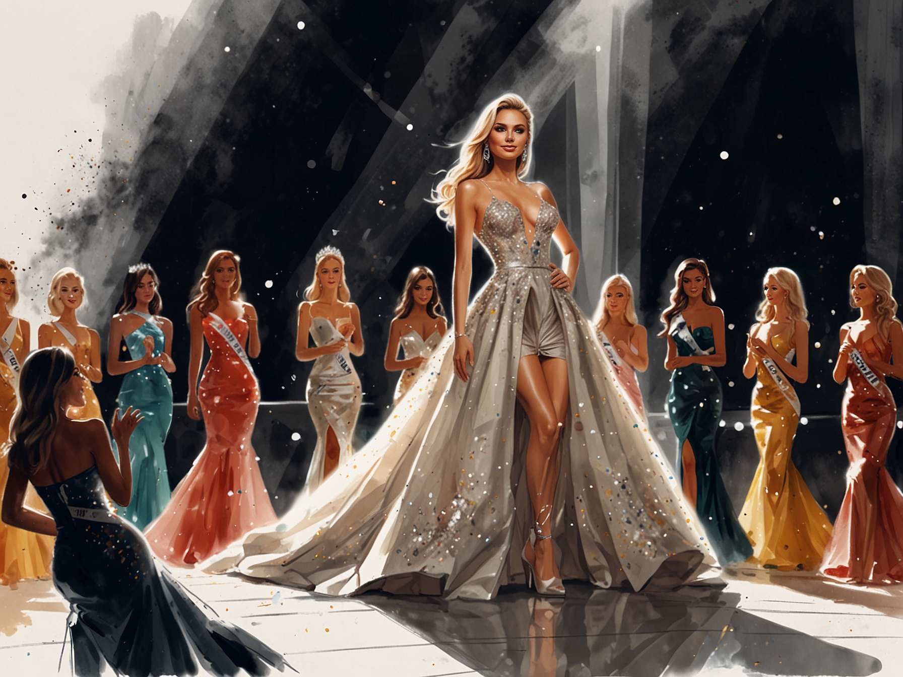 Victoria Kjaer gracefully posing in her glittering Miss Universe gown, surrounded by fellow contestants, embodying empowerment and beauty on stage.
