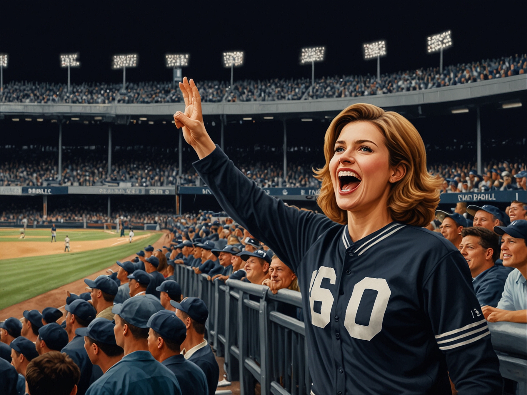 Livvy Dunne cheering in the stands of Yankee Stadium, holding a sign that reads 'Go Paul!', with a backdrop of the vibrant crowd enjoying the game.