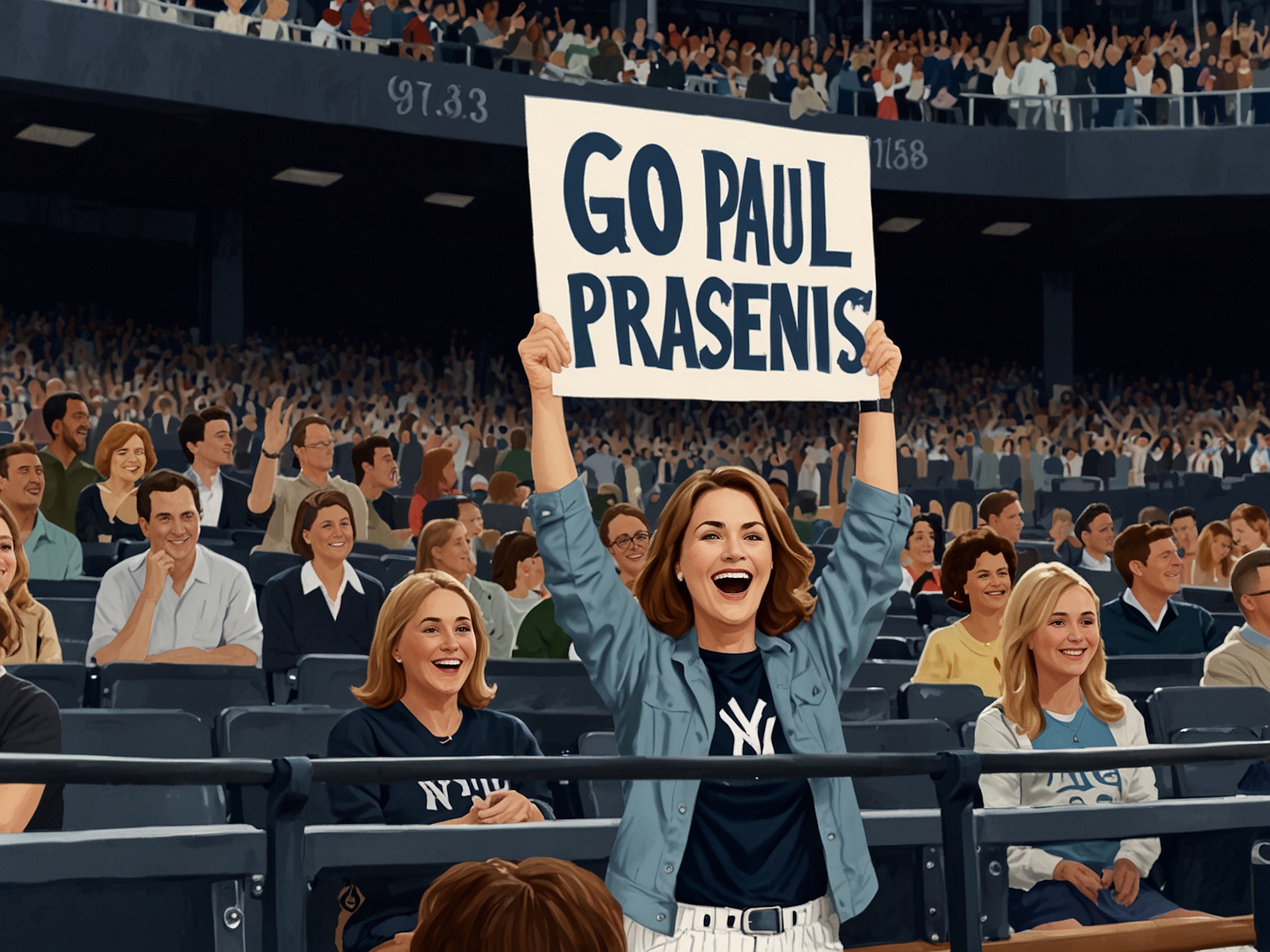 A close-up of Livvy Dunne's joyful face, illuminating her emotions as she watches Paul Skenes pitch, rain lightly falling around her.