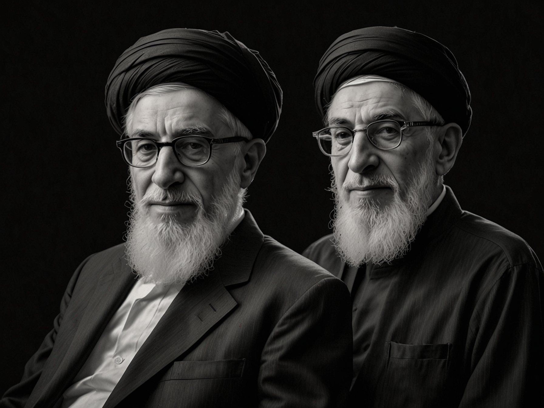 A split image showing Iran's Supreme Leader Ali Khamenei in a formal setting, alongside his son Mojtaba Khamenei. The contrast highlights the potential shift in leadership amidst Khamenei's rumored health issues.