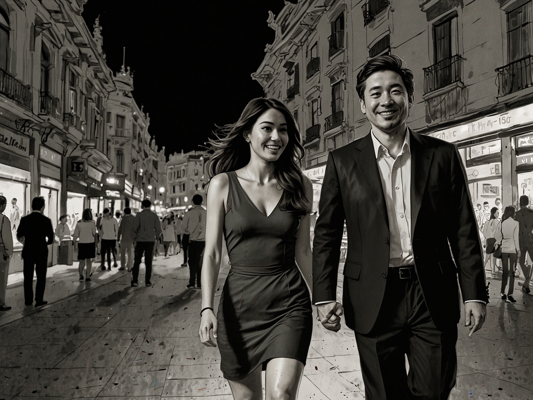 An image capturing China Suárez and Franco Colapinto walking together in Madrid, surrounded by vibrant nightlife and flashing cameras, symbolizing their relationship under the public eye.
