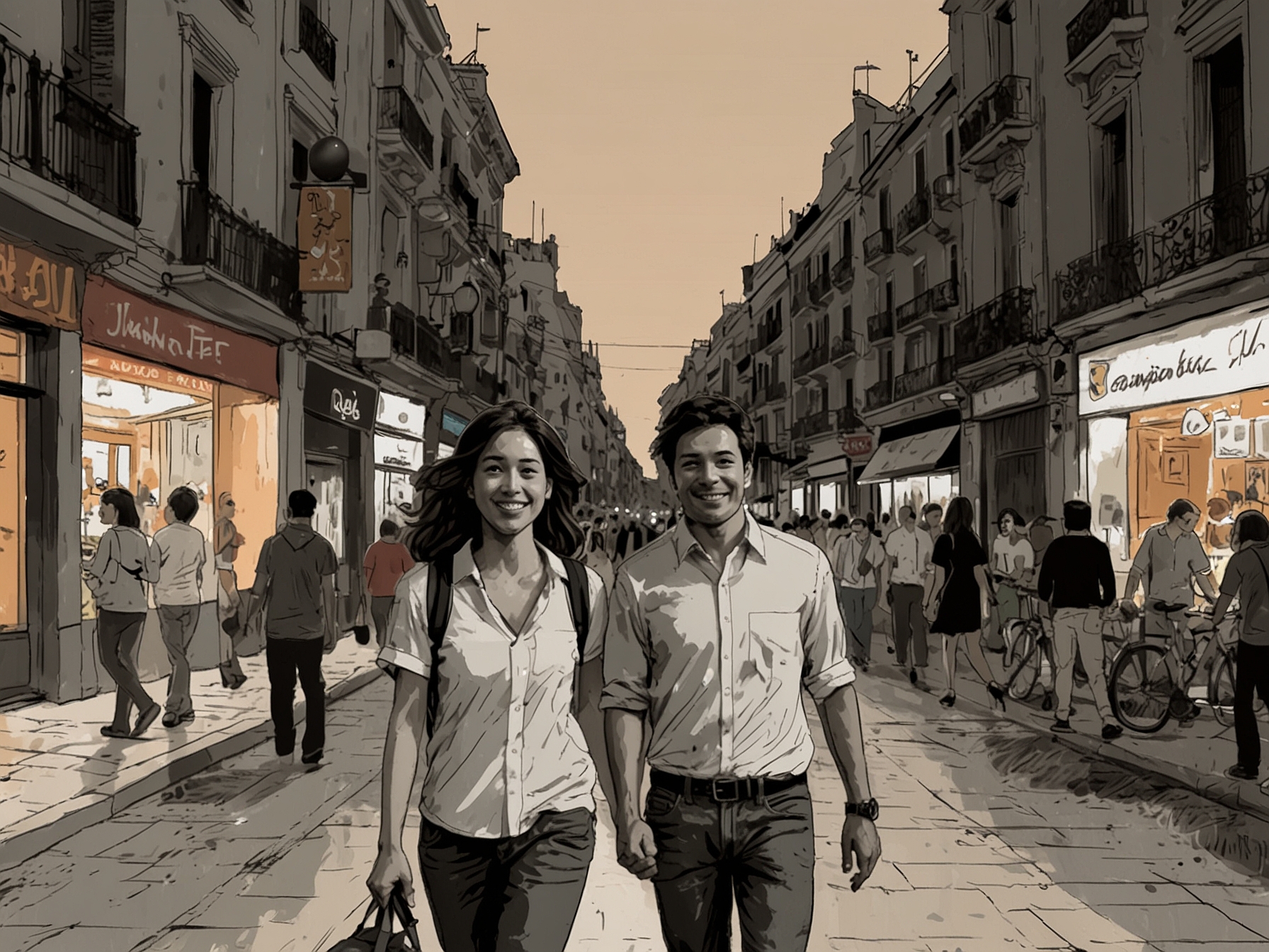 A bustling street scene from Madrid's Gran Vía, filled with nightlife and excitement, representing the backdrop against which the couple's story unfolds amidst public fascination.