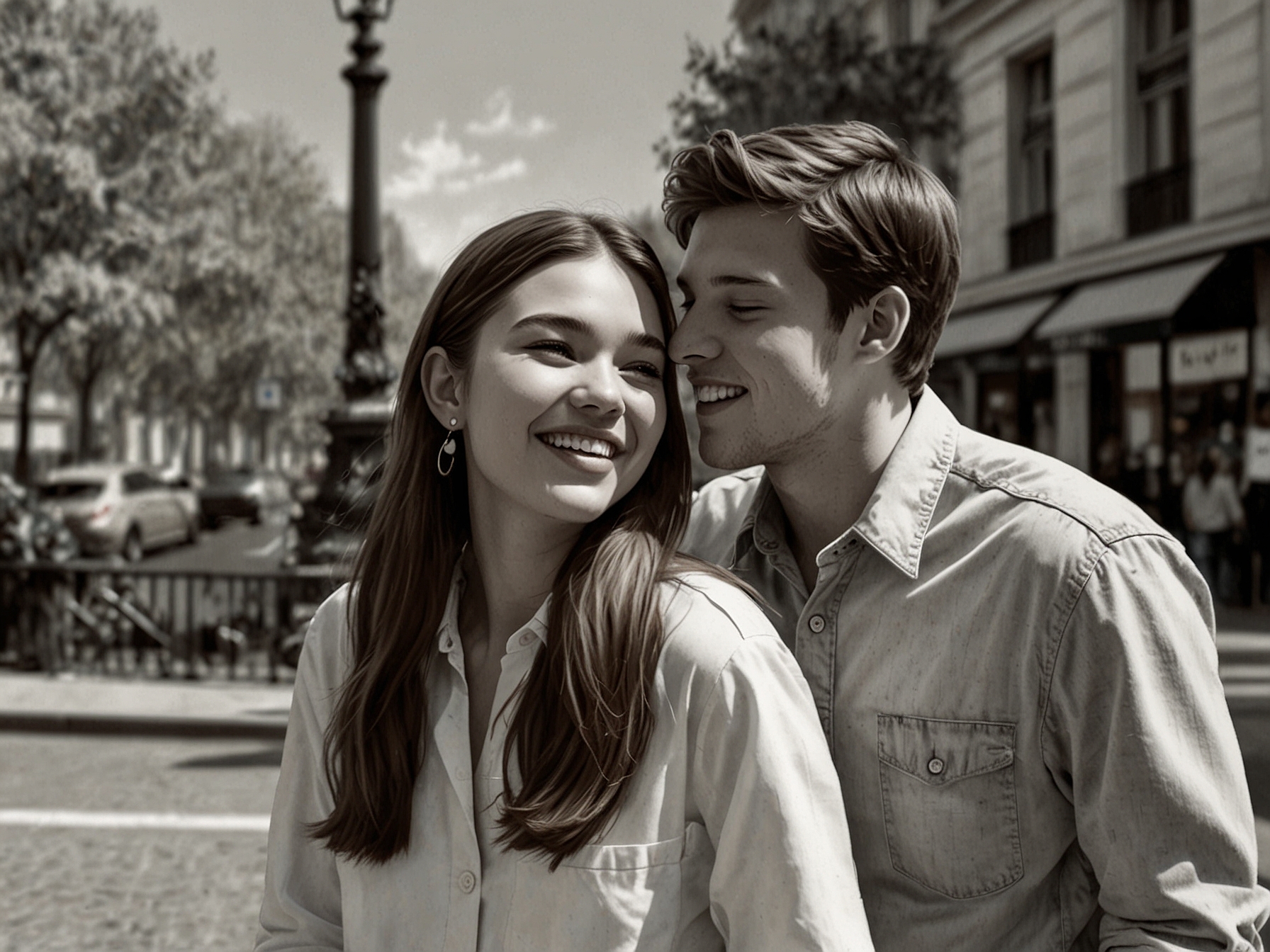 A candid photo of Josh Allen and Hailee Steinfeld enjoying a sunny day in Paris, smiling and sharing a moment together, capturing the essence of their romance and celebrity status.