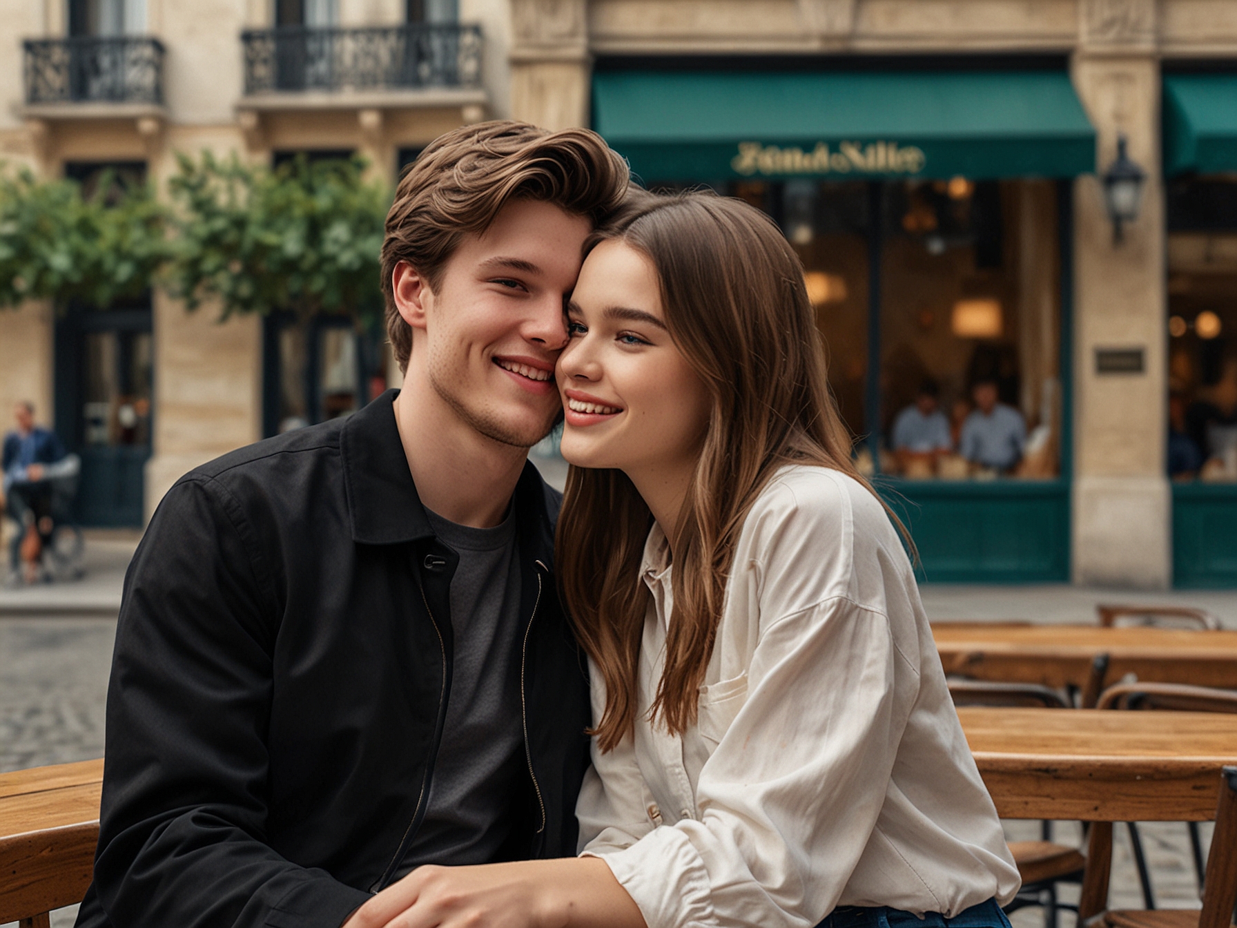 An artistic shot of a beautiful Paris street with a couple, symbolizing love and connection in an iconic city known for romance, resonating with Josh and Hailee's story.