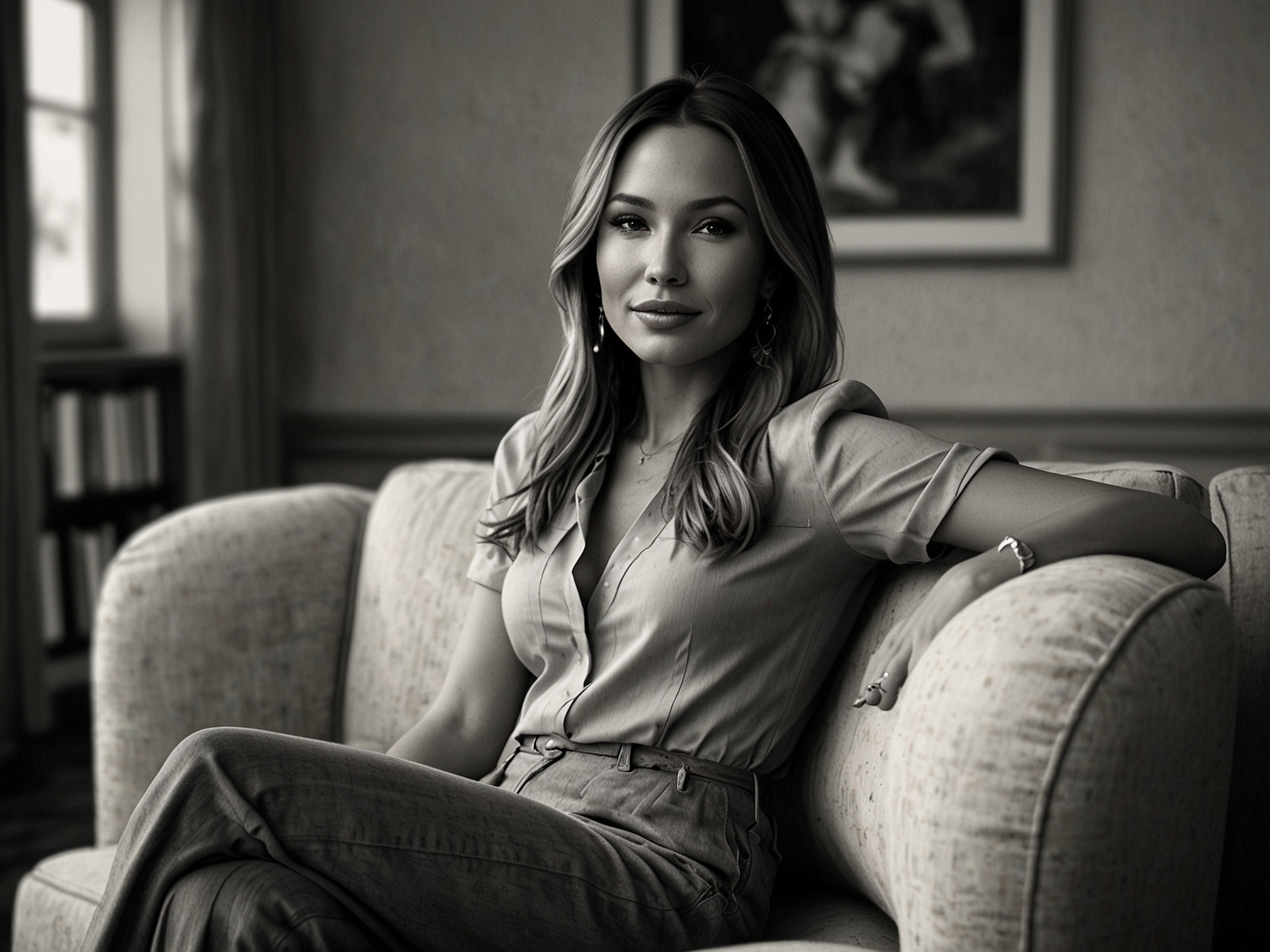 A thoughtful Pampita sitting on a sofa during her interview with Susana Giménez, reflecting on her past relationship and her hopes for the future, exuding a mix of vulnerability and strength.