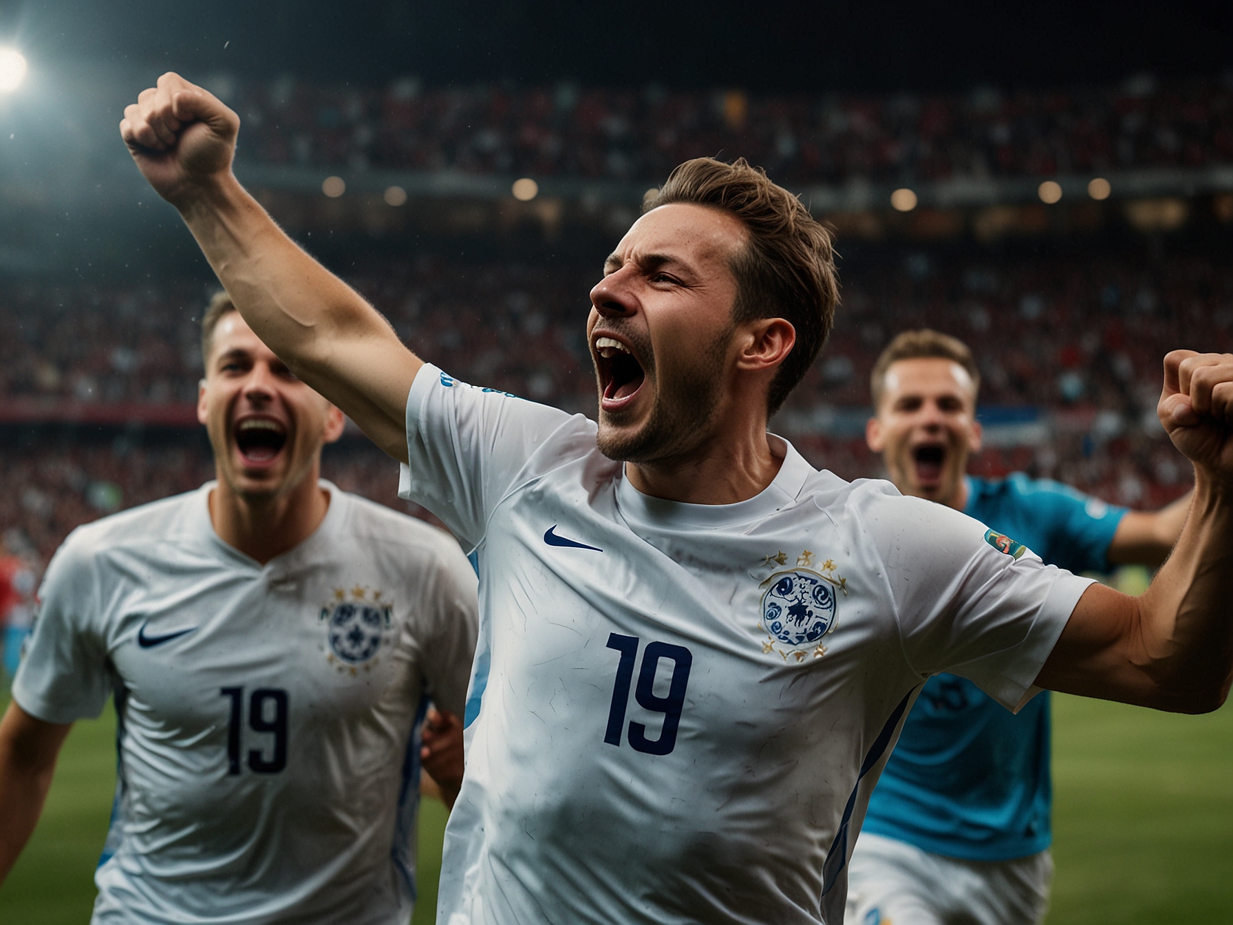 A jubilant Josko Gvardiol celebrating his goal against Portugal, with teammates surrounding him in joy, capturing the electric atmosphere of the stadium.