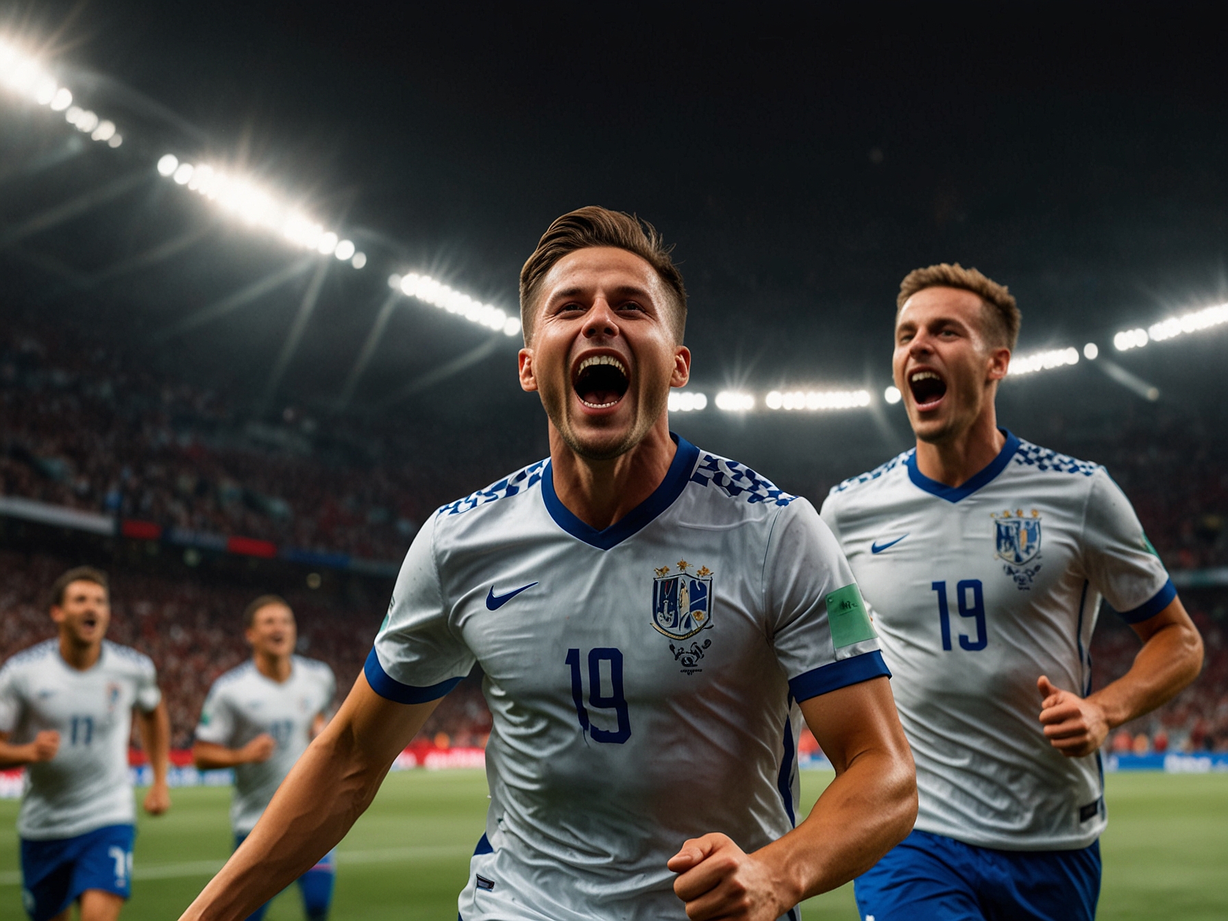 Croatia's players in action, fiercely contesting the ball with Portuguese defenders during their UEFA Nations League match.