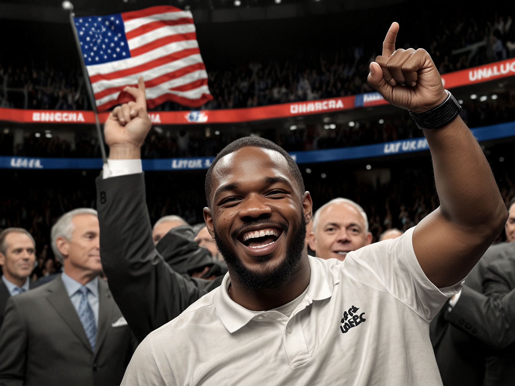 Jon Jones dancing exuberantly with a smile after his UFC 309 victory, while President-elect Donald Trump watches with delight, creating a festive atmosphere in Madison Square Garden.