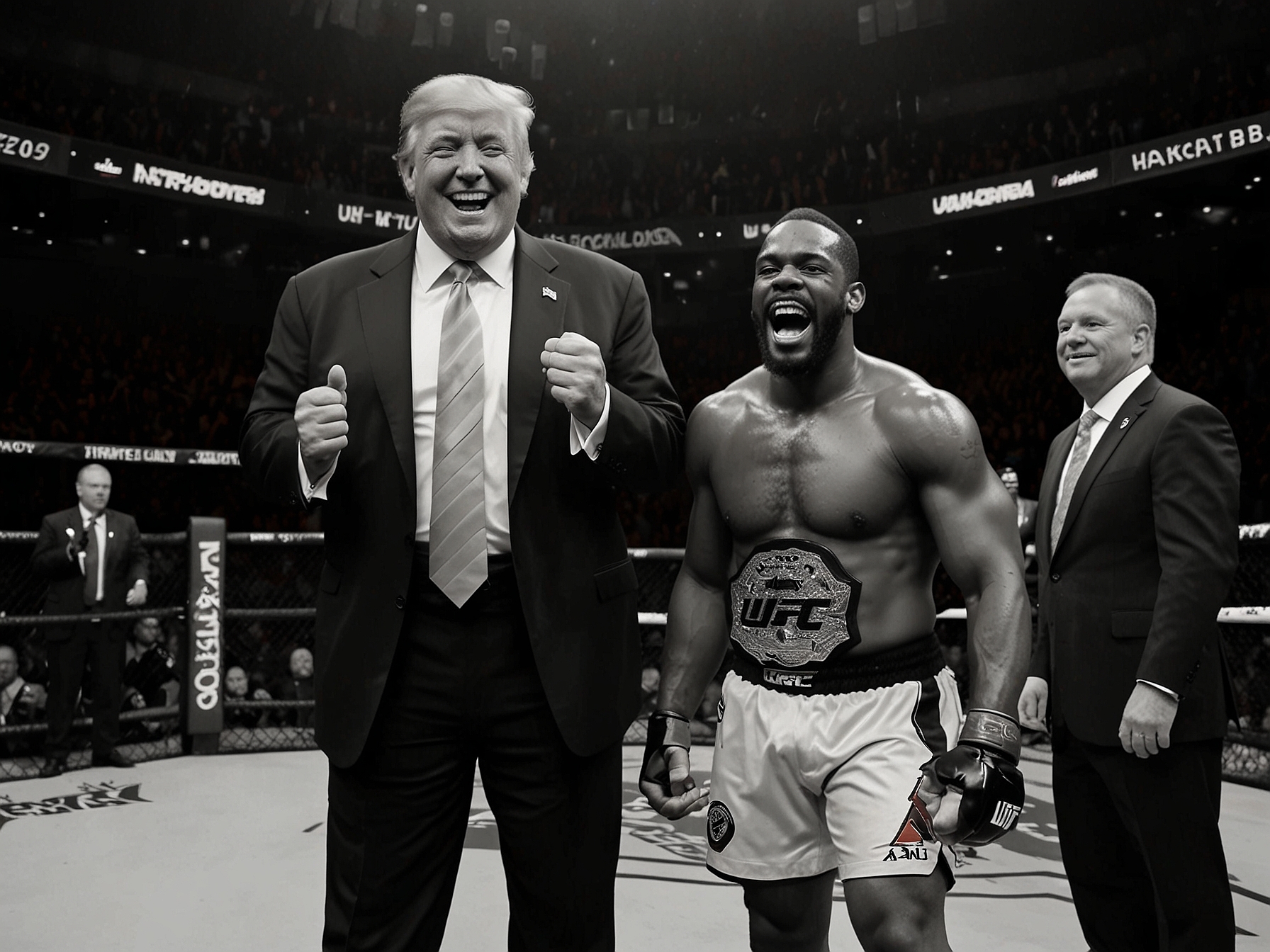 A crowd of ecstatic fans at Madison Square Garden, cheering and celebrating Jon Jones' TKO victory against Stipe Miocic, as lights and cameras capture the electrifying moment.