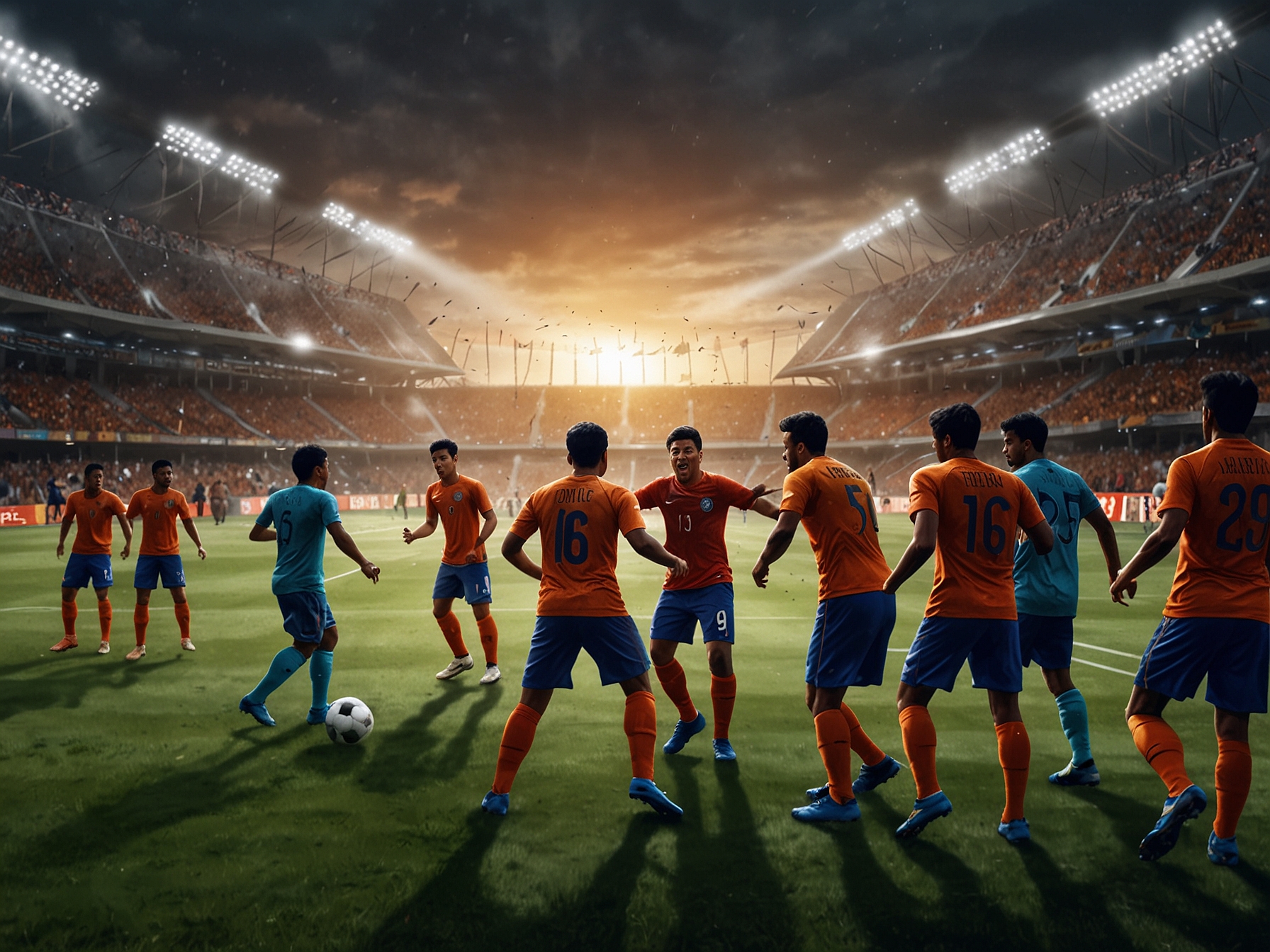 An intense scene from the India vs Malaysia football match, showing players battling for possession, with fans in the background displaying diverse emotions, highlighting the game's drama.