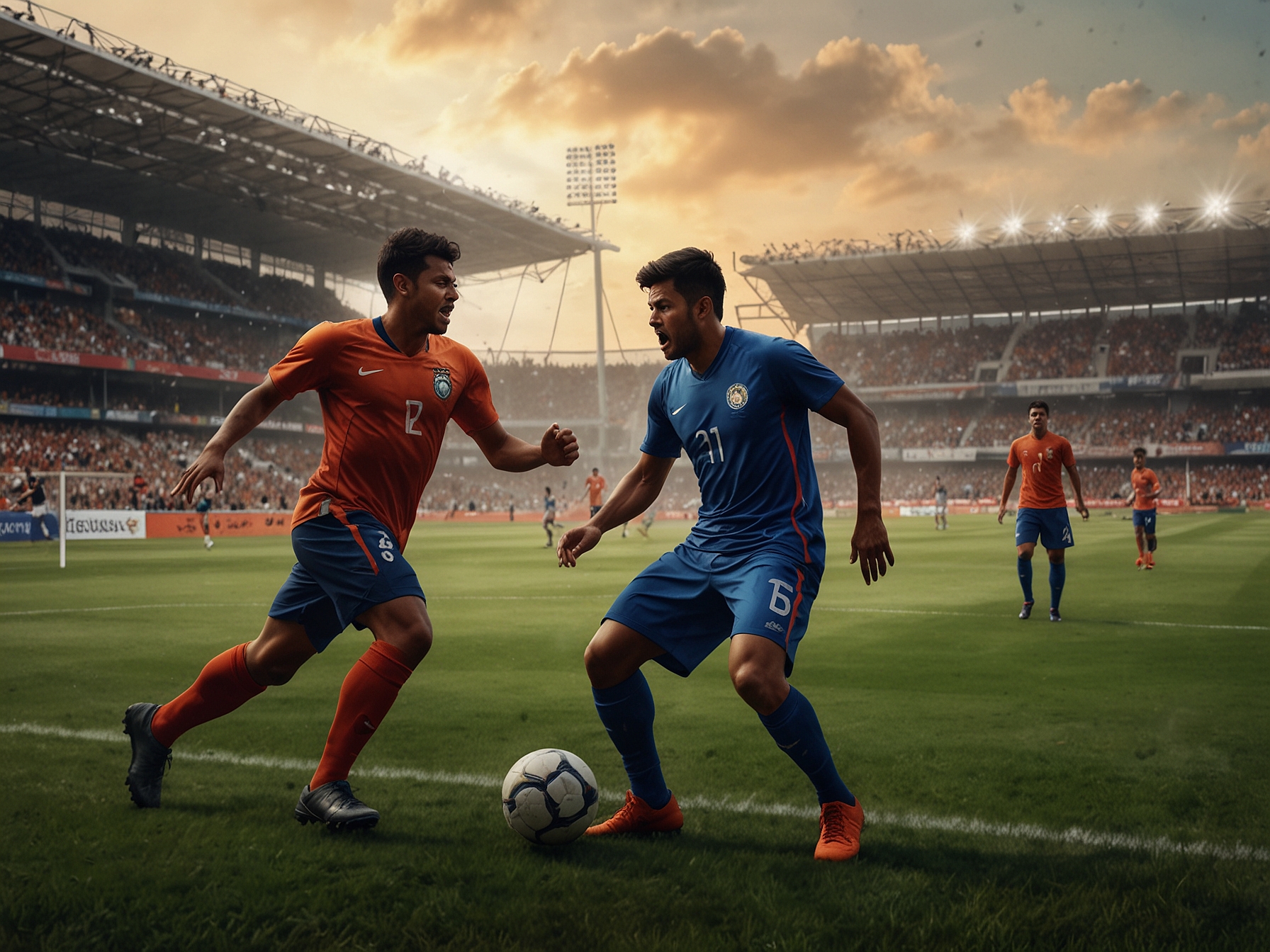 A tense moment in the second half as Malaysian players attempt a shot on goal, showcasing the pressure on India's defense amidst the electrifying atmosphere of the Gachibowli Stadium.