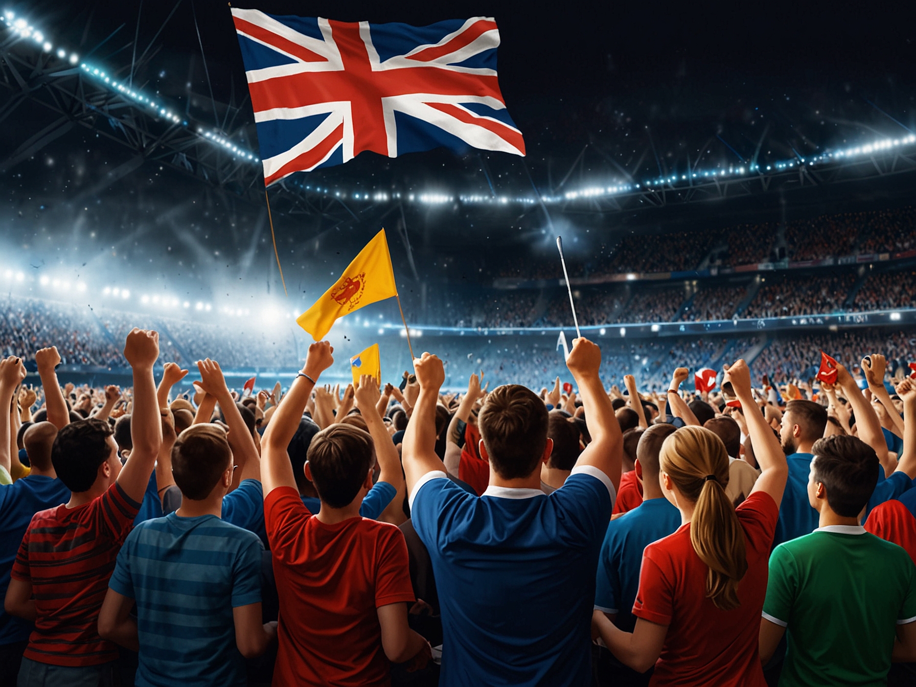 An excited crowd of football fans in Scotland and Wales, wearing team colors and holding flags, eagerly watching the Nations League draw on a large screen.