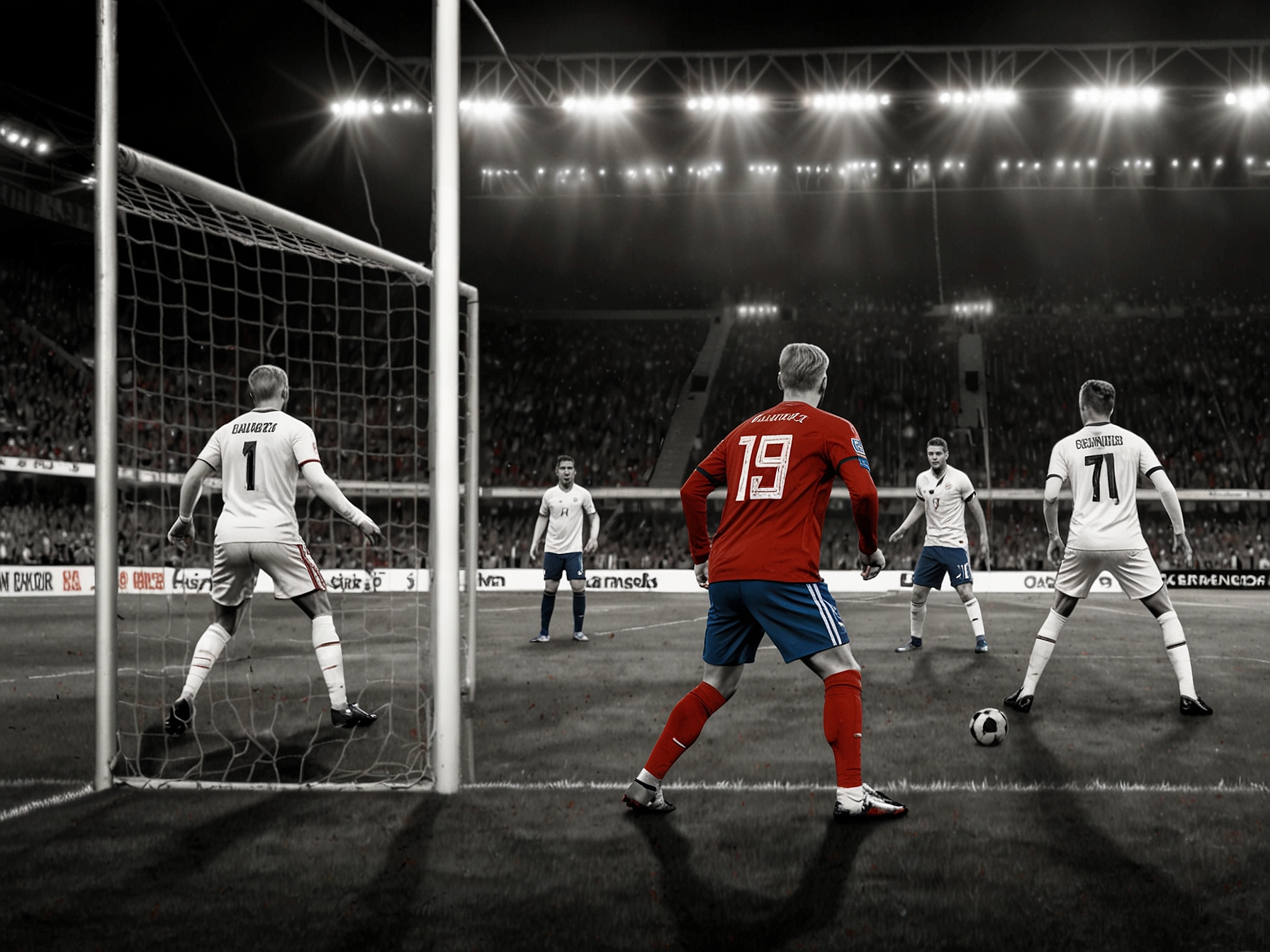 A tense moment during the UEFA Nations League match between Denmark and Serbia, showcasing Serbian players attacking while Danish goalkeeper Kasper Schmeichel prepares for a save.