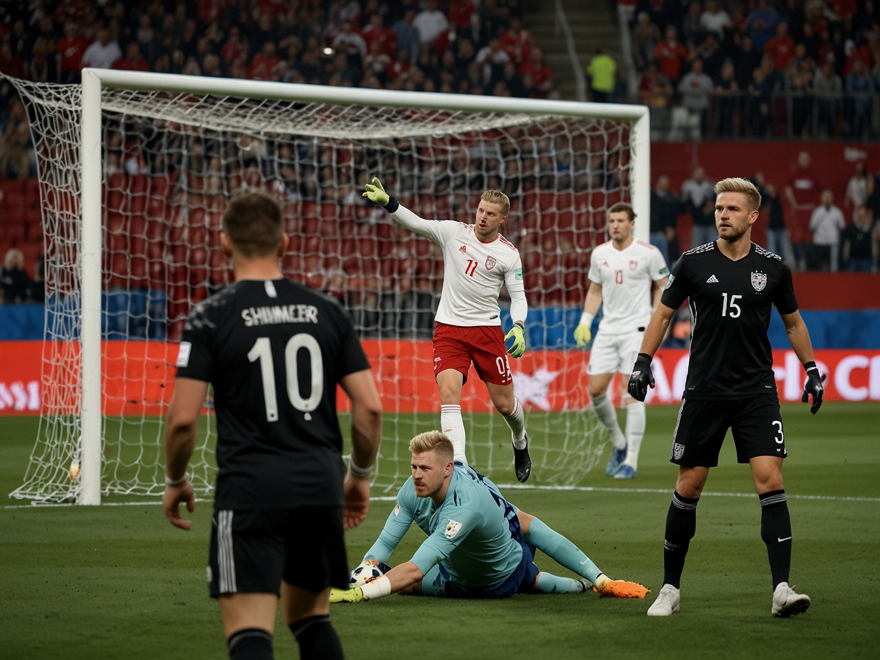 Denmark players celebrating their draw, surrounded by the chaos of the match, symbolizing their advancement to the quarterfinals amidst Serbia's disappointment.