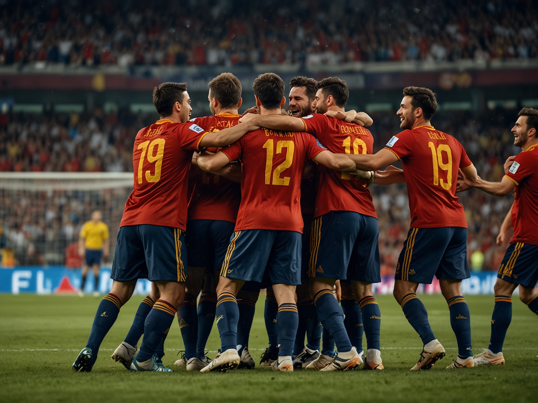 An intense moment captured during the match, showcasing Spain's players celebrating after scoring a late penalty, embodying the thrill and drama of football.
