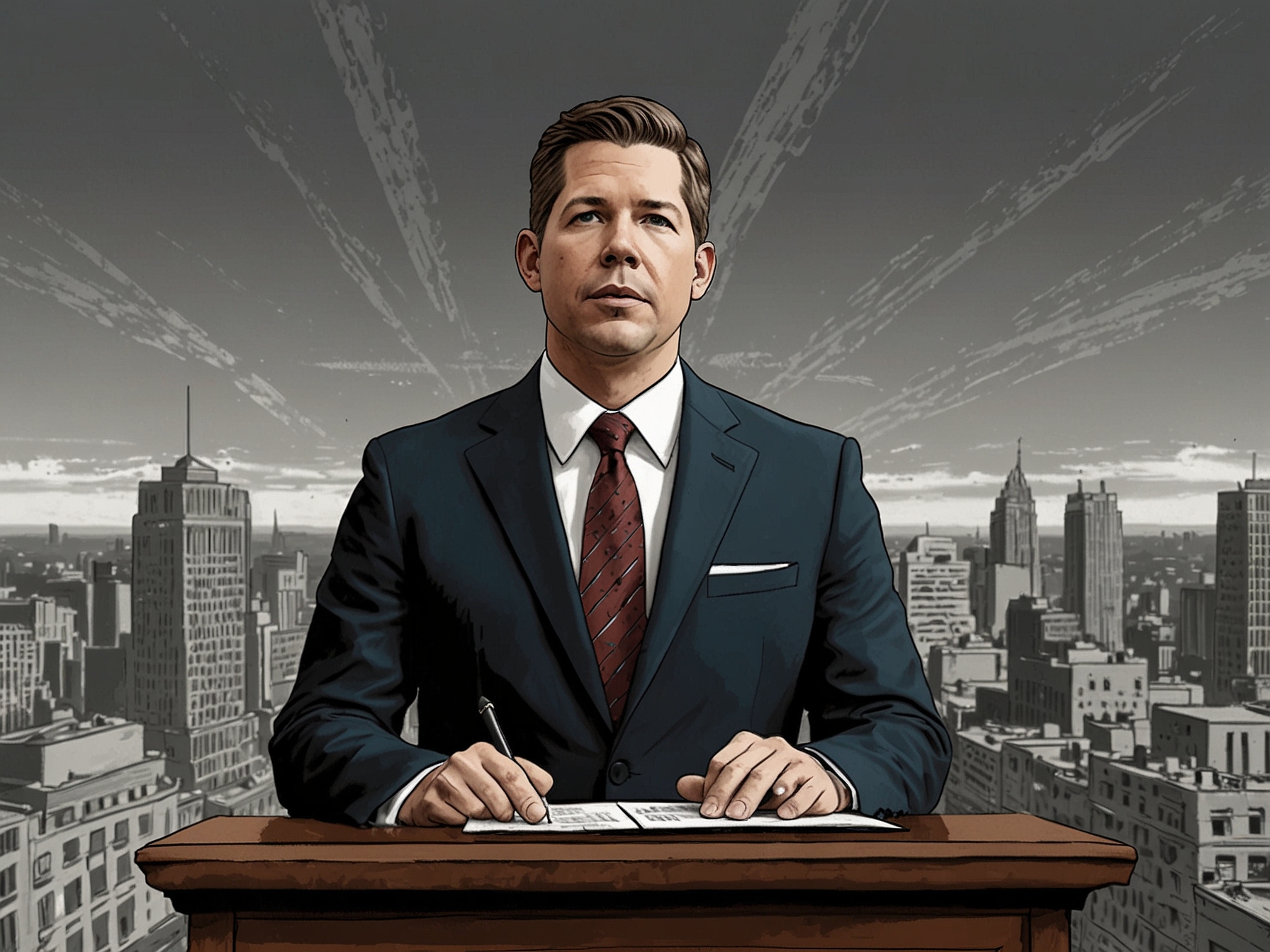 A close-up of Sean Duffy speaking at a podium, with a backdrop of transportation infrastructure, symbolizing his new role as Secretary of Transportation.