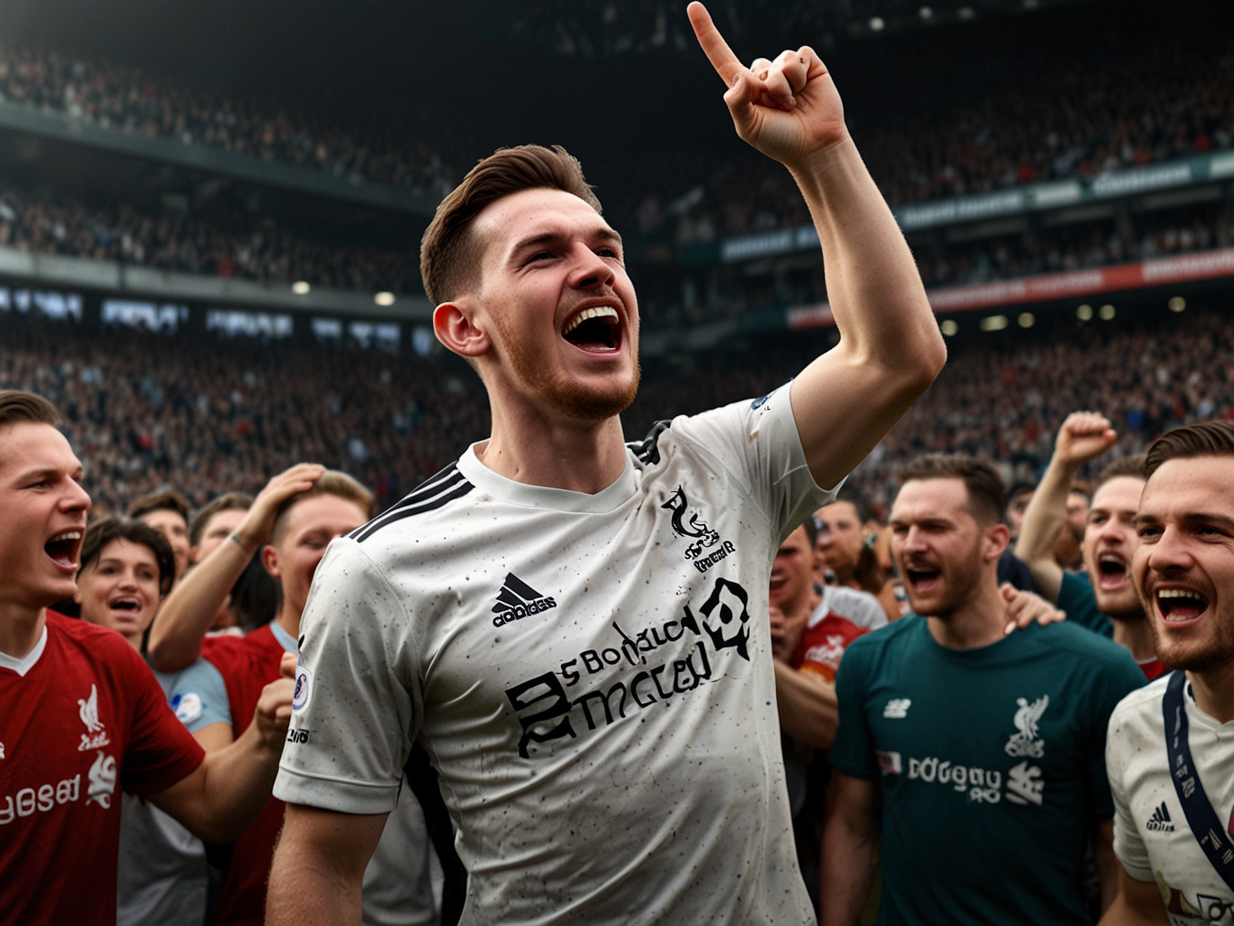 An exciting moment during the match showing Andy Robertson celebrating after scoring the winning goal, with fans erupting in joy and disbelief at the stadium.