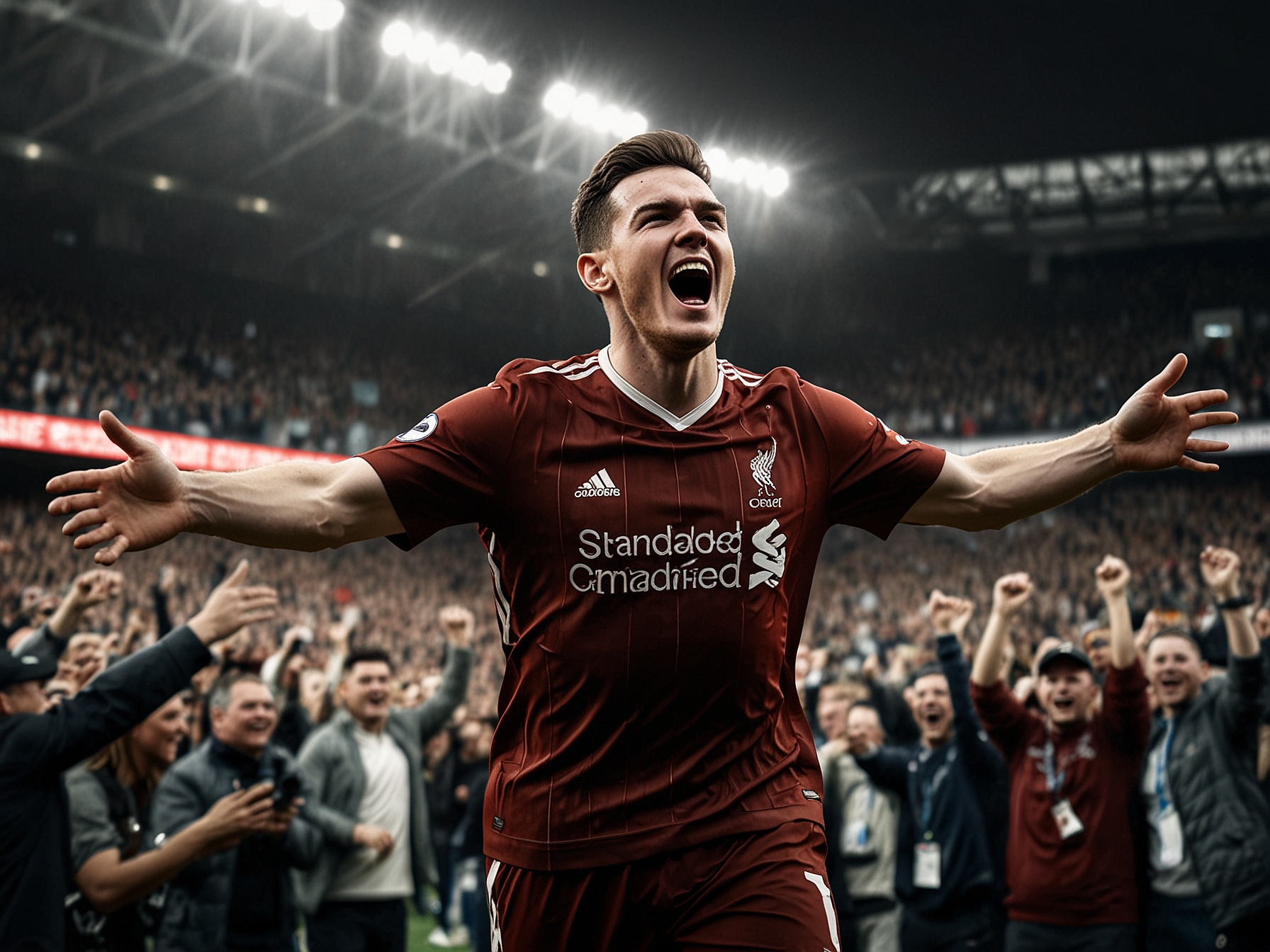 A dynamic shot of John McGinn celebrating his early goal, capturing the energy of the Scottish team and the enthusiastic crowd behind him.