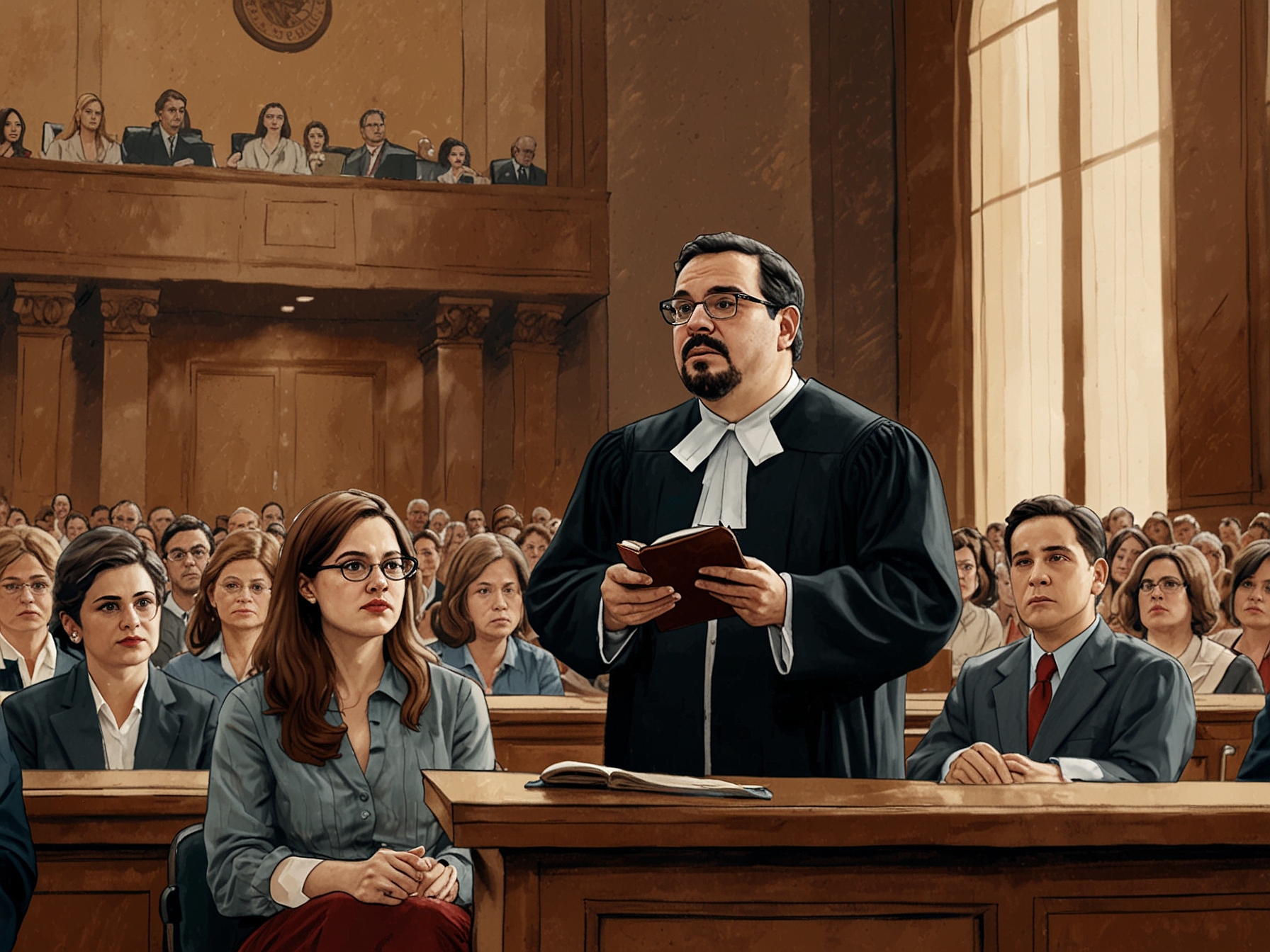 A tense courtroom scene captures the moment a judge announces the dismissal of charges against Javier Duarte, with anxious spectators listening intently.