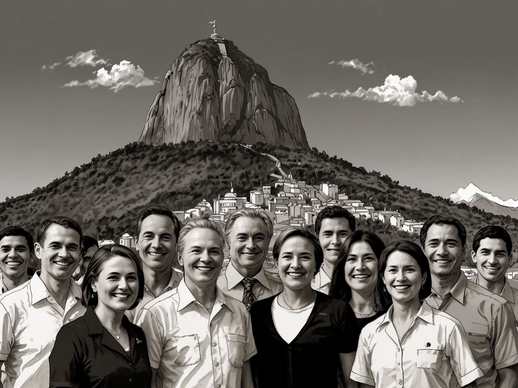 A wide-angle shot of world leaders smiling and posing for a group photo with Sugarloaf Mountain in the background, highlighting the beautiful scenery of Rio de Janeiro.