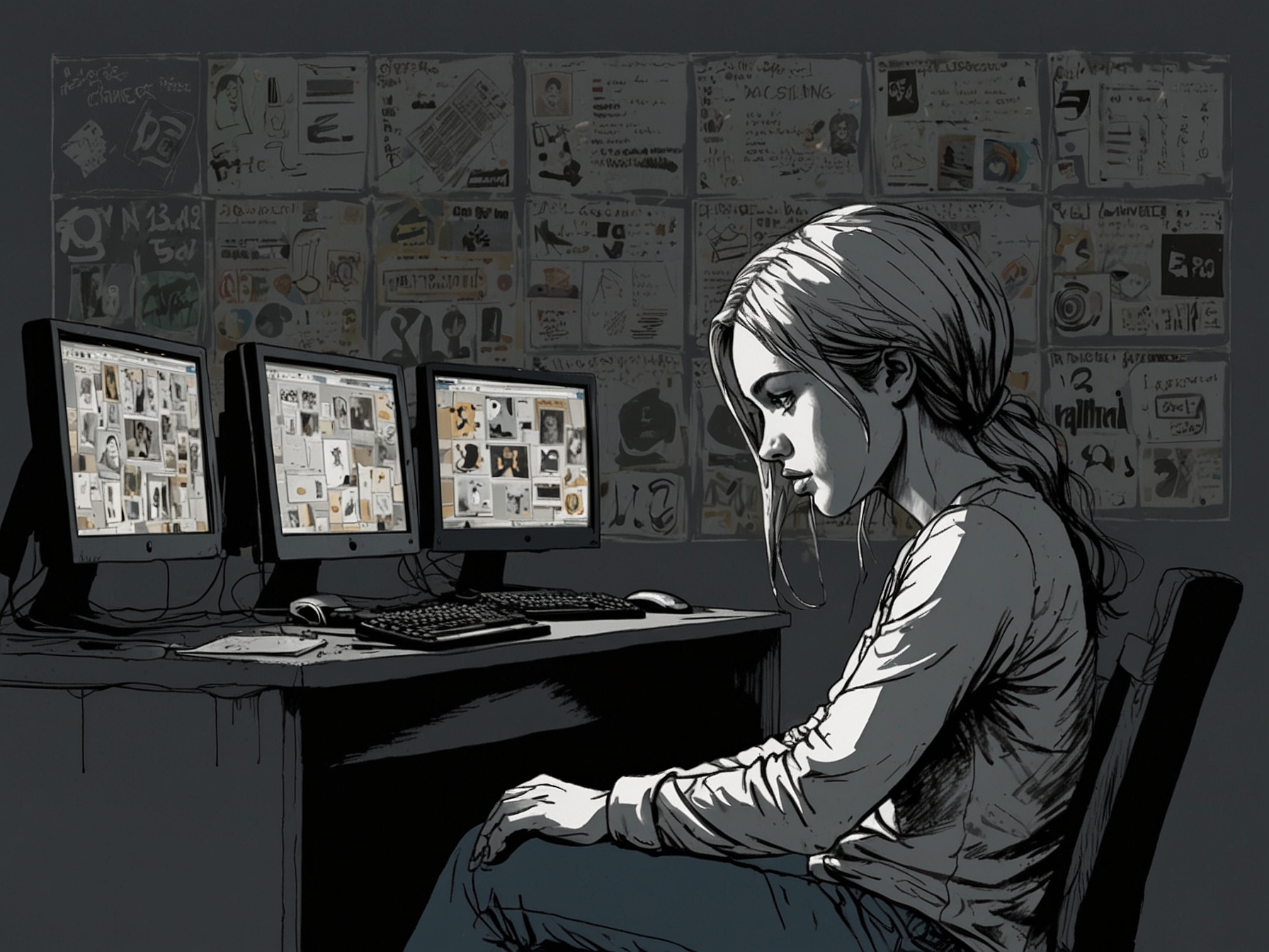 An illustration depicting a distressed woman sitting in front of a computer screen, surrounded by negative comments and social media icons, symbolizing the impact of cyberbullying.