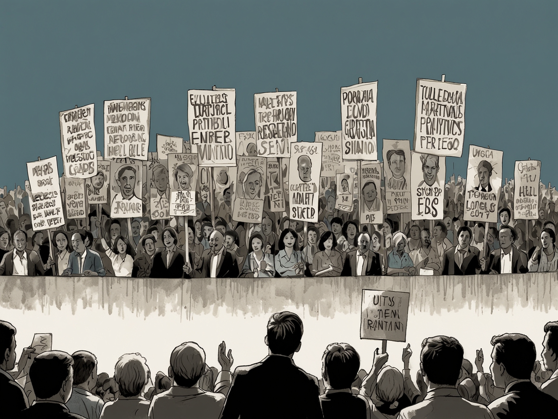 A political rally in Argentina showing a diverse crowd holding banners and memorializing former leaders, reflecting the emotional and contentious debate surrounding pensions for former presidents.