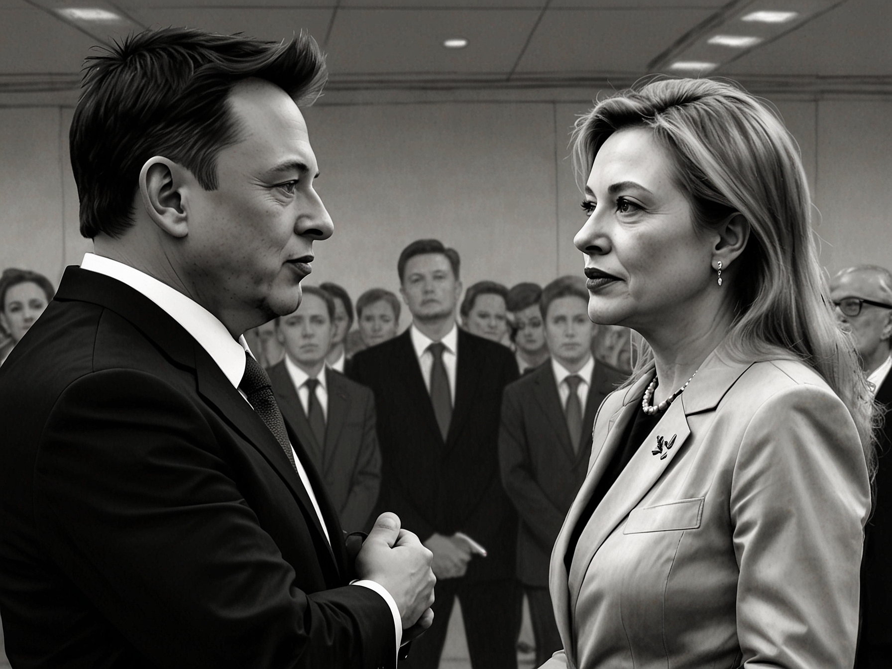 A candid photo of Janja Lula da Silva speaking passionately at the G20, with Elon Musk reacting in the background, symbolizing the clash between governing bodies and social media moguls.