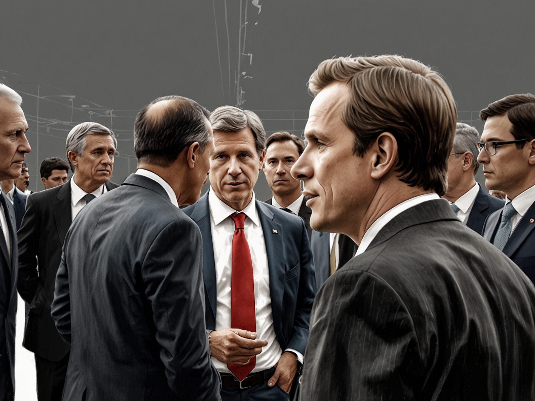 An image captures Javier Milei engaged in a formal discussion with world leaders at the G20 summit in Rio de Janeiro, showcasing his intense focus and the significance of the moment.
