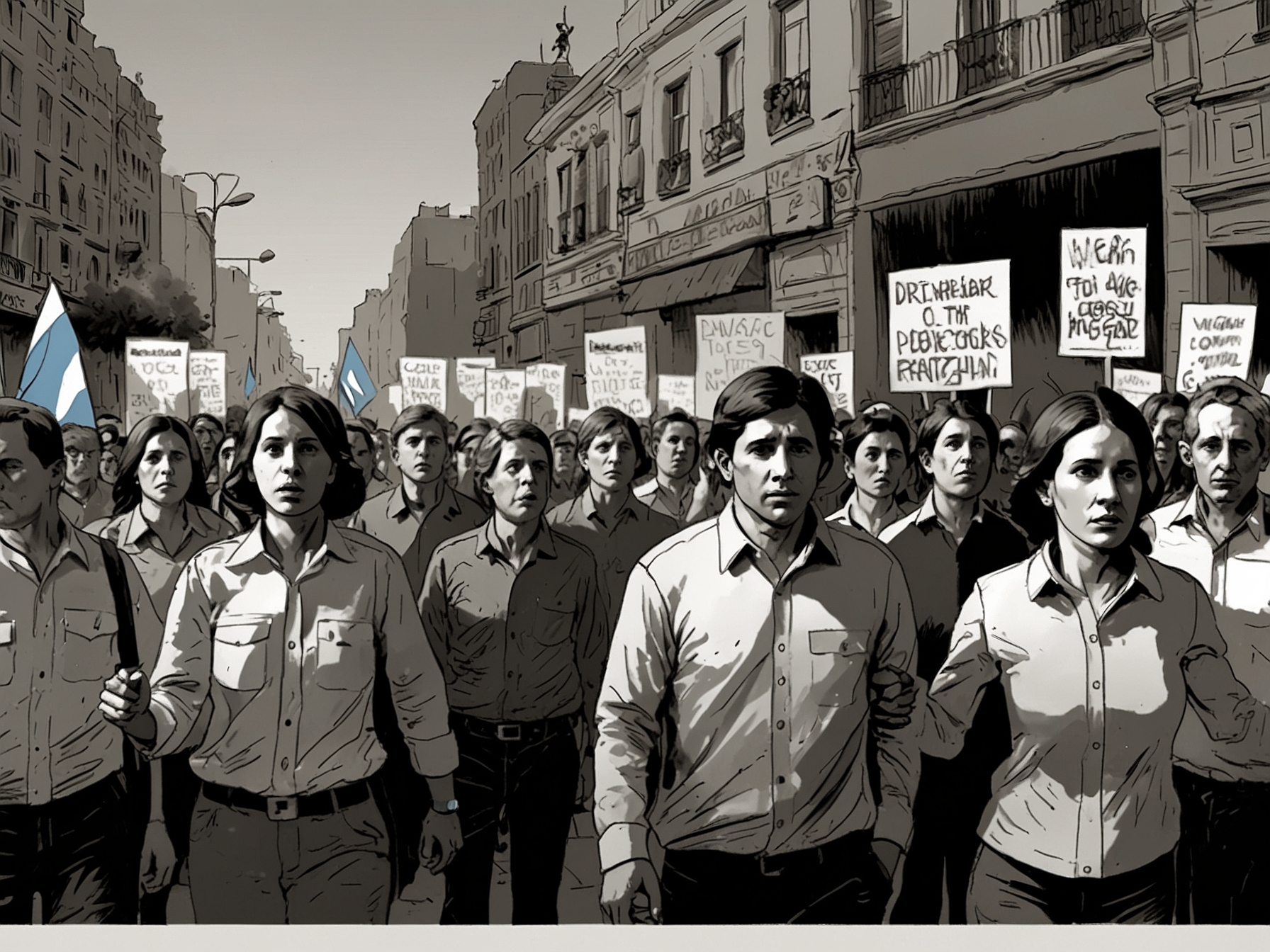 An illustration depicting a tense political rally in Argentina, with protesters holding signs that bear both nationalist and fascist imagery, set against a backdrop of a divided crowd. The atmosphere is charged, with expressions reflecting fear and apprehension.