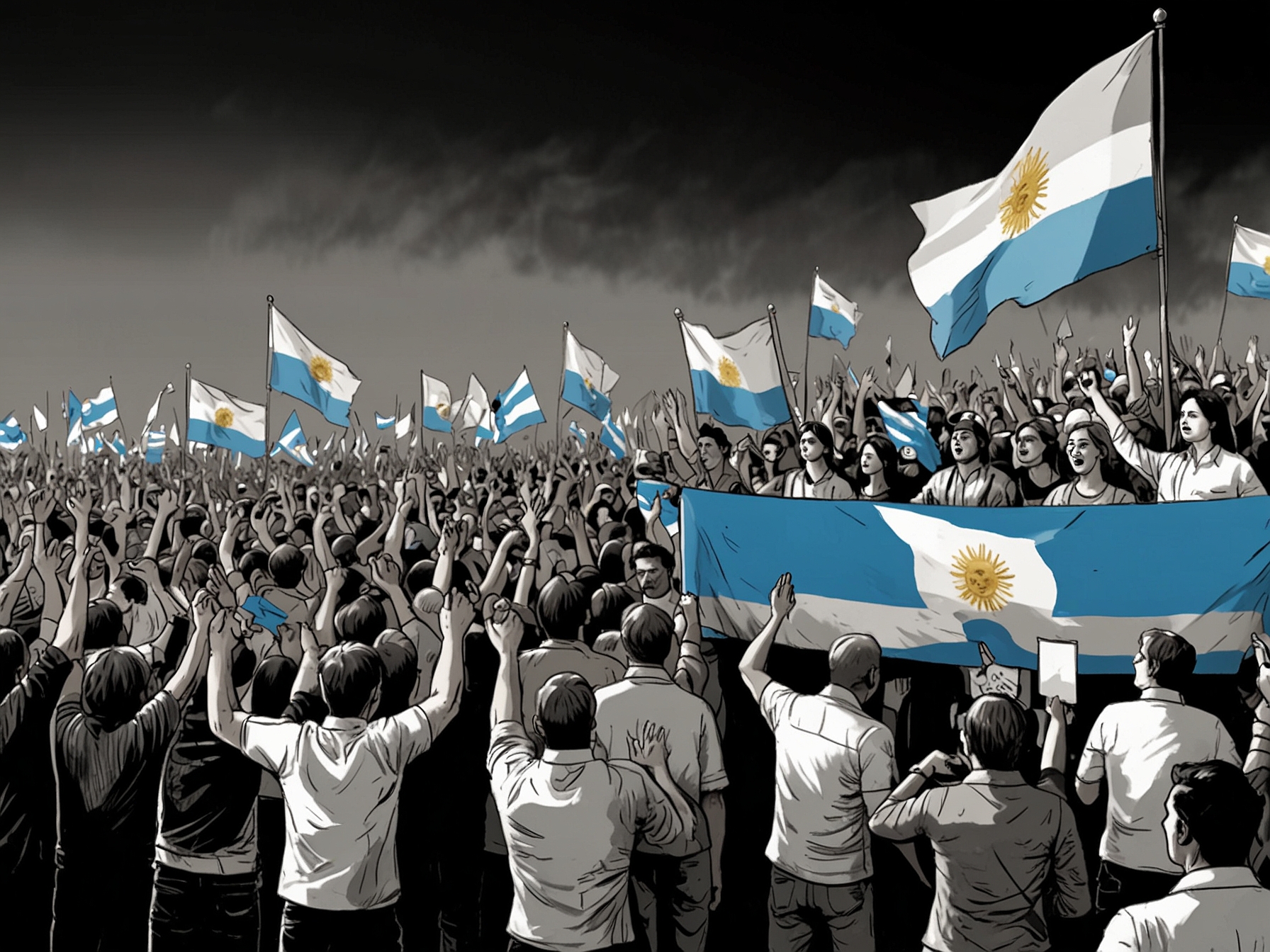 A somber portrayal of Argentine citizens engaging in a civic discussion, juxtaposed with depictions of past political turmoil, illustrating the continuous struggle against the normalization of violence in politics.