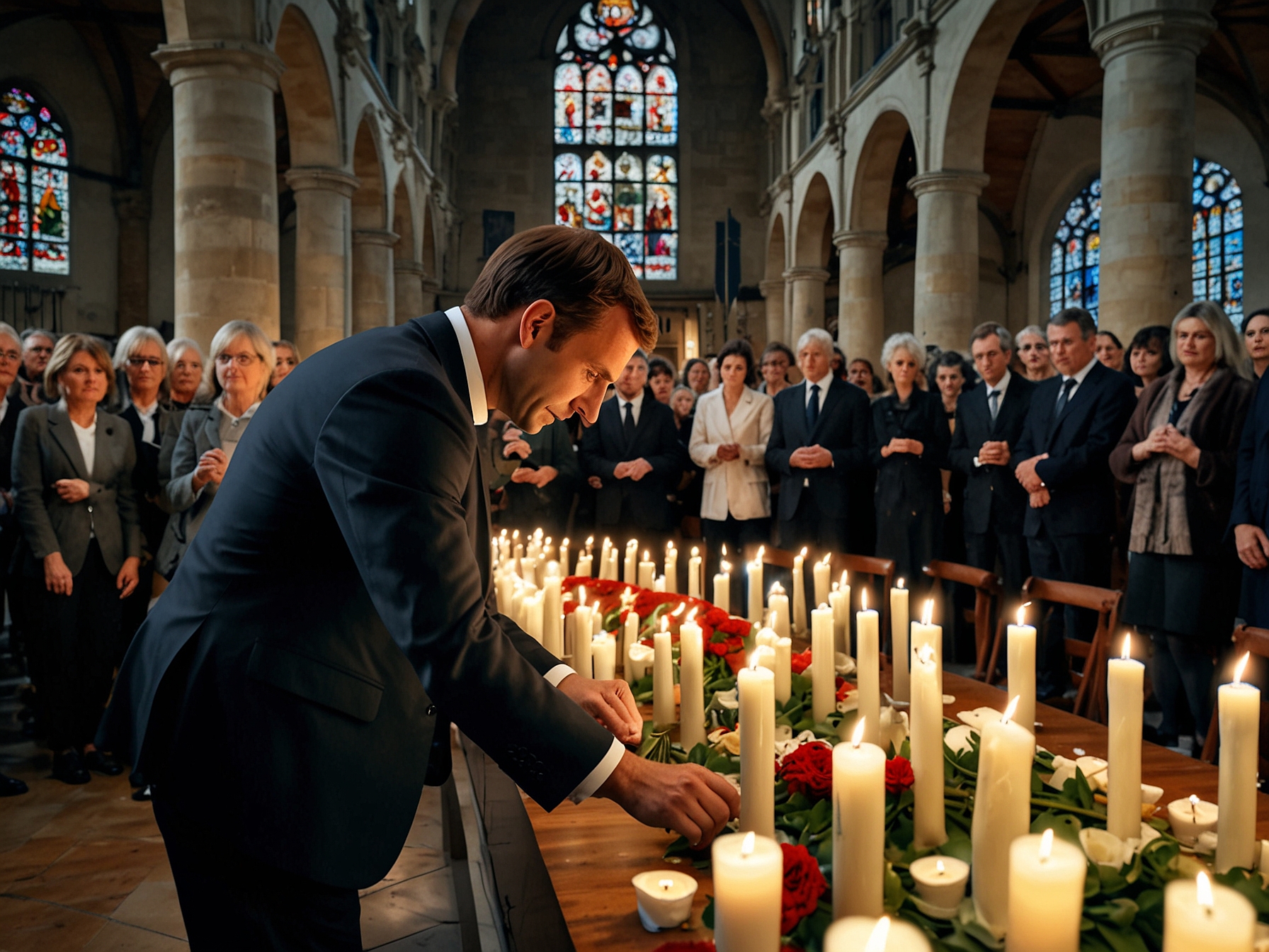 President Macron laying flowers at the Iglesia Santa Cruz, surrounded by families of victims, showcasing a moment of remembrance and emotional connection. The church is filled with candles and photographs symbolizing hope and justice.