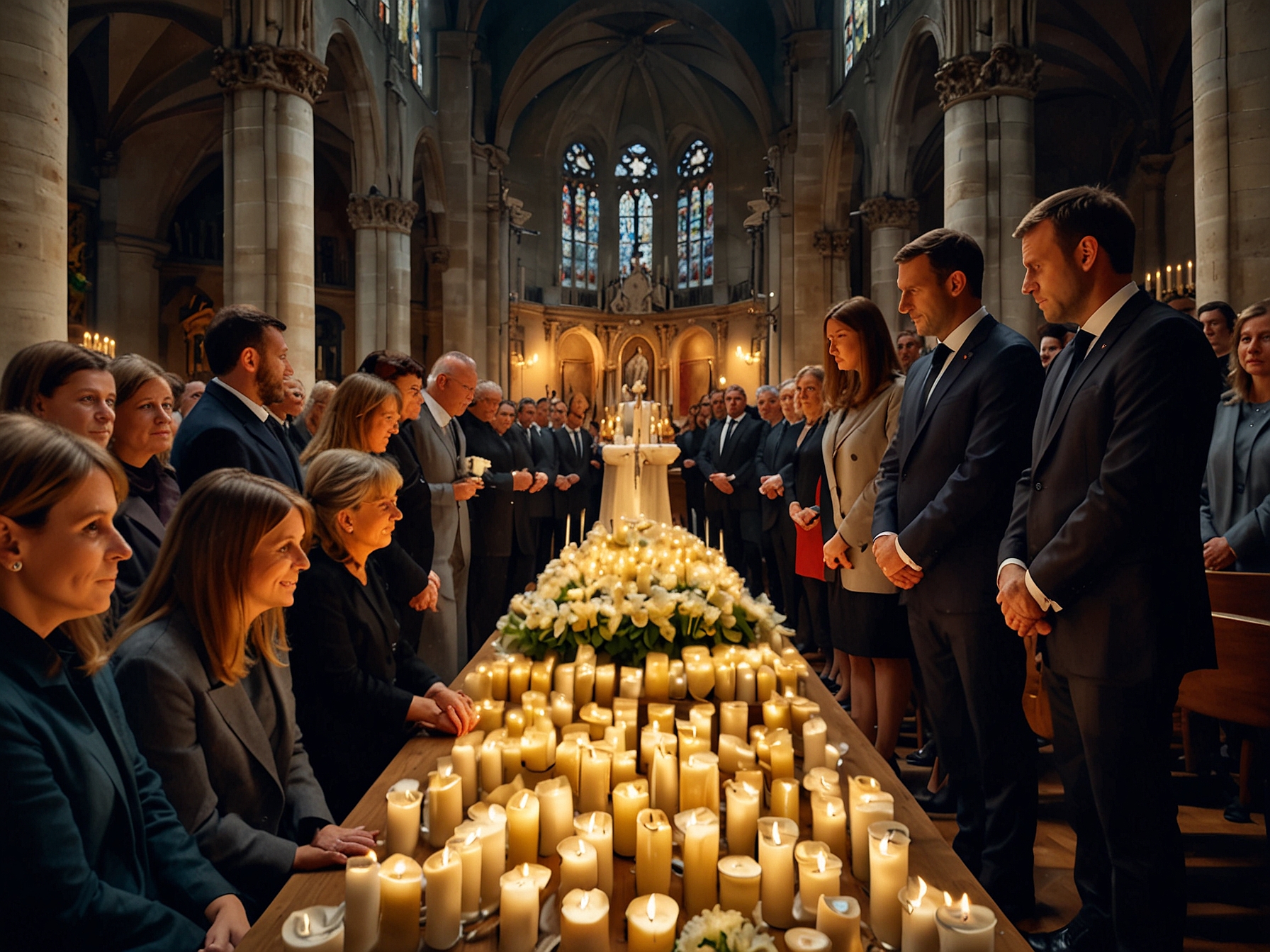 A somber atmosphere inside Iglesia Santa Cruz during mass, capturing the deep collective emotion of the attendees as they reflect on their struggles for acknowledgment and justice.