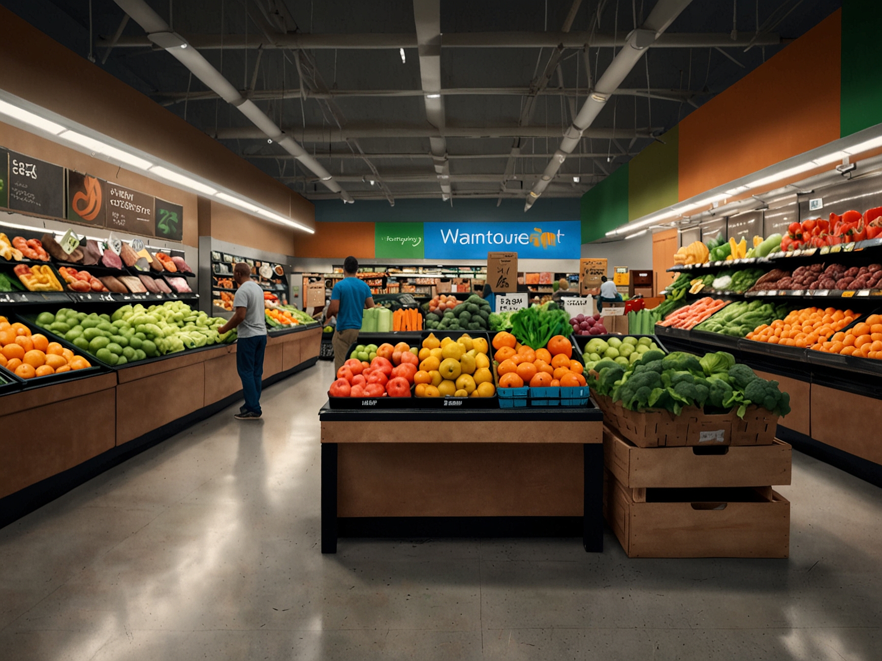 A vibrant display of fresh fruits and vegetables at Walmart, showcasing the colorful variety available every Tuesday, with shoppers enjoying their shopping experience.