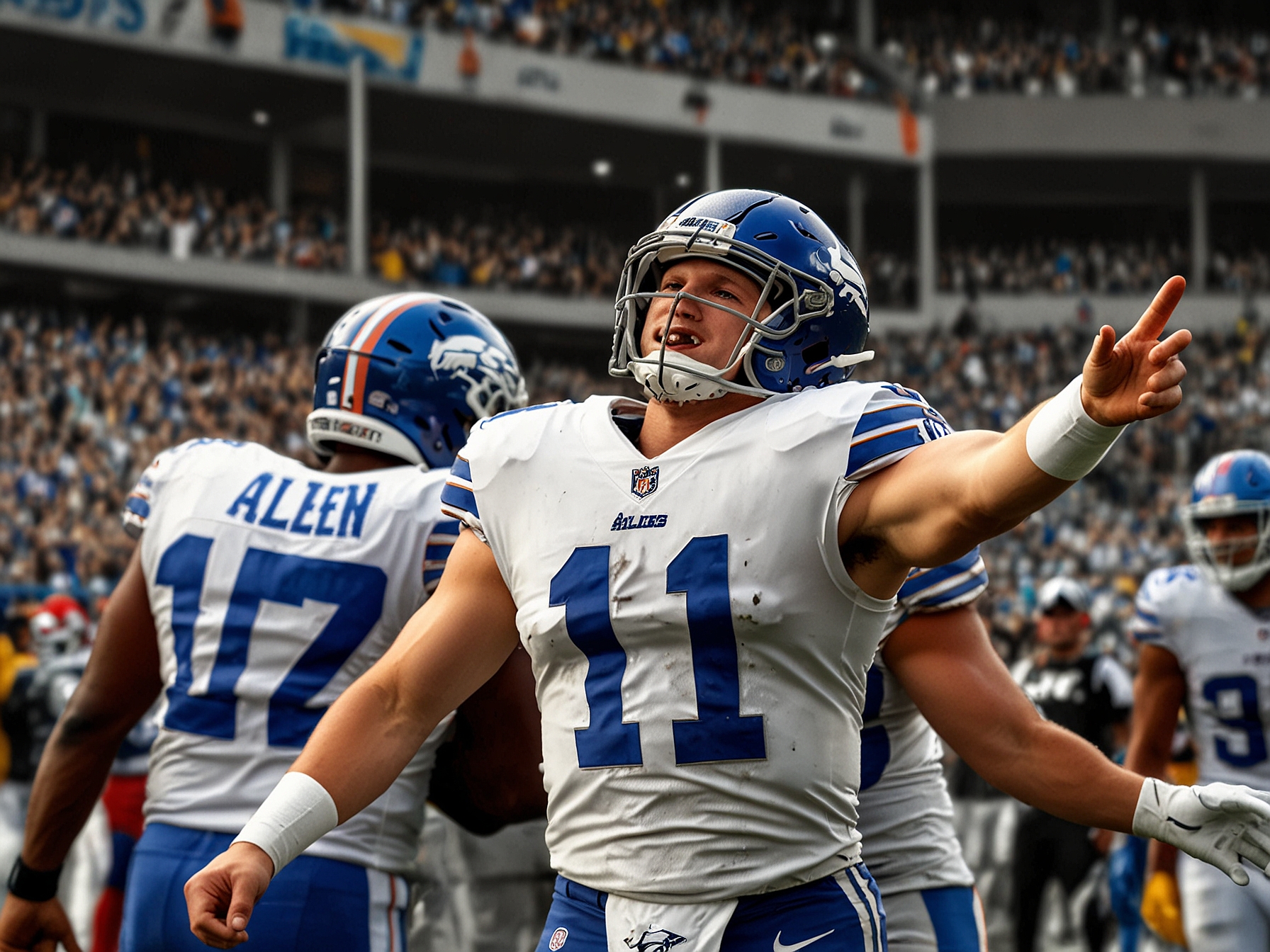Josh Allen celebrating a touchdown with his teammates amid a roaring crowd at Highmark Stadium, symbolizing the excitement and energy of the thrilling game against the Chiefs.