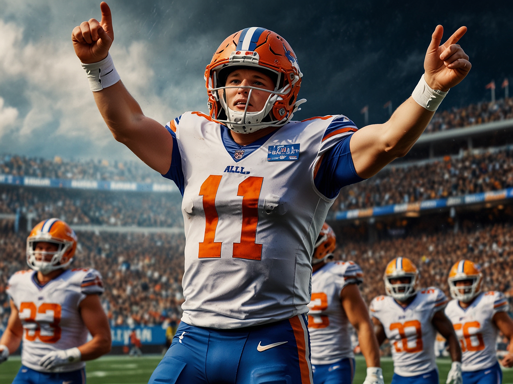 Fans in the stands wearing Bills gear, cheering passionately as their team takes the lead, capturing the electric atmosphere of the high-stakes game.