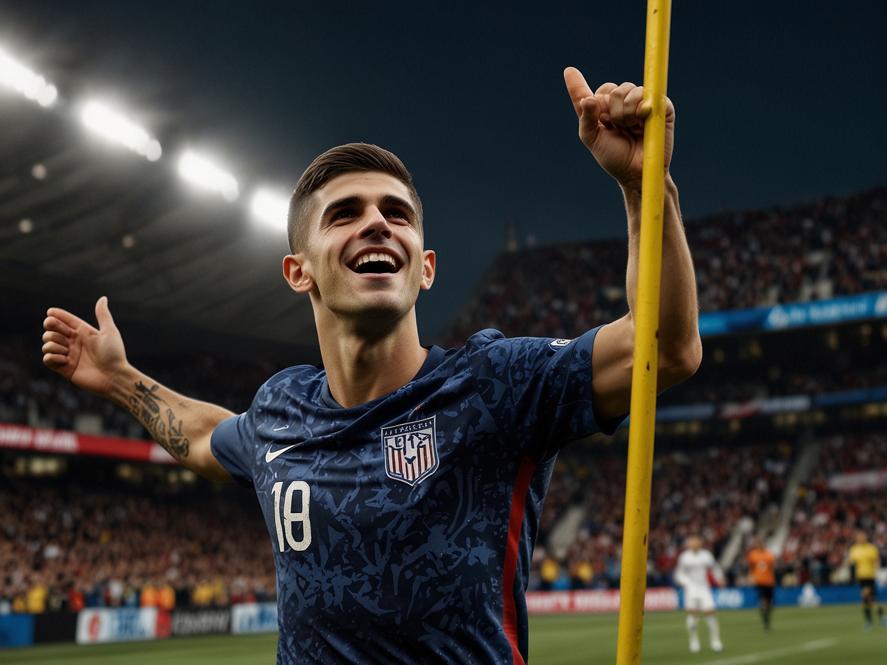 A dynamic moment from the match showing Christian Pulisic celebrating after scoring a goal, while fans erupt in joy and colors of the U.S. flag fill the stands.