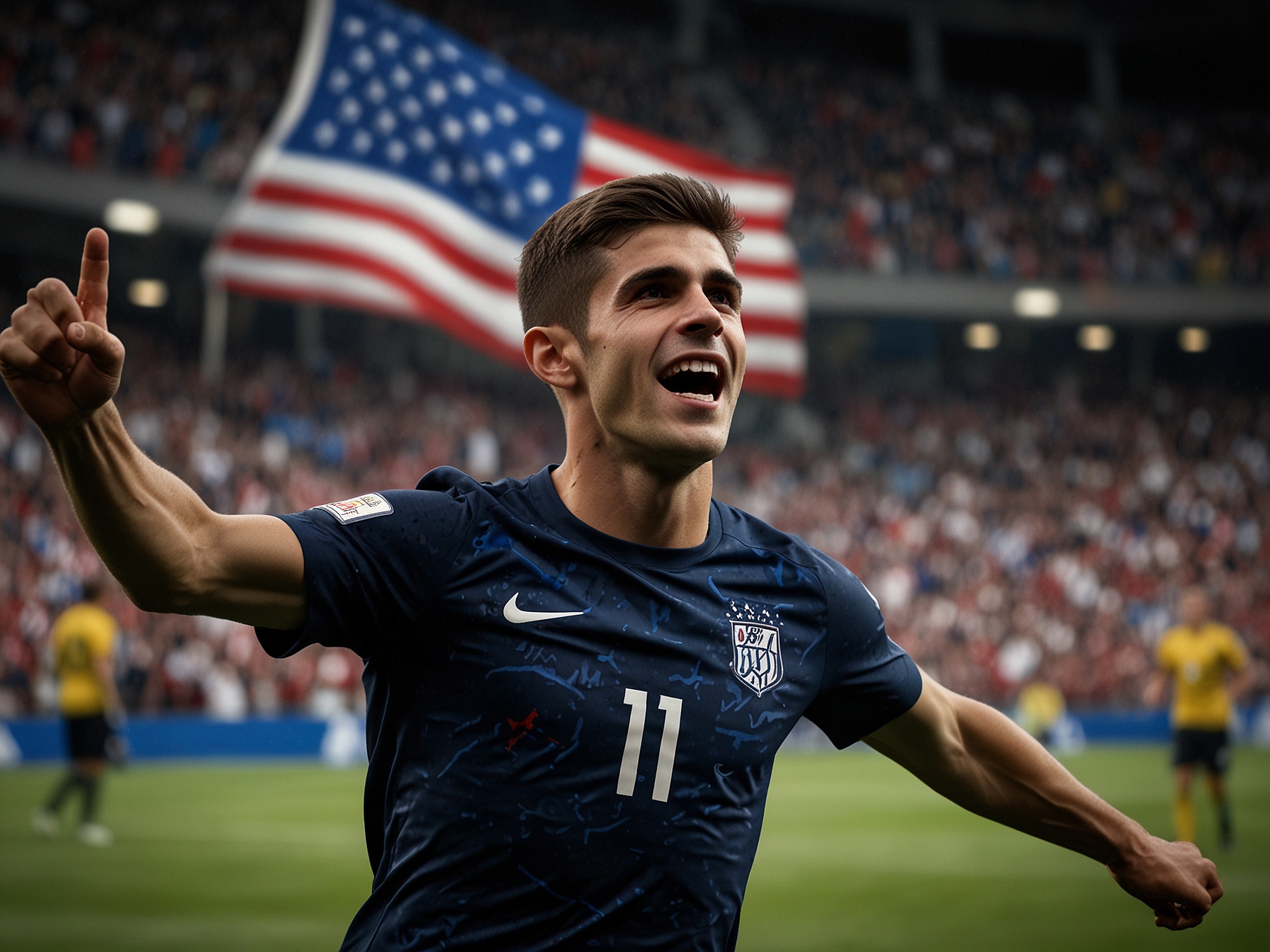 The crowd at the stadium roaring with excitement, capturing the electric atmosphere as Pulisic and the U.S. team dominate the match against Jamaica.