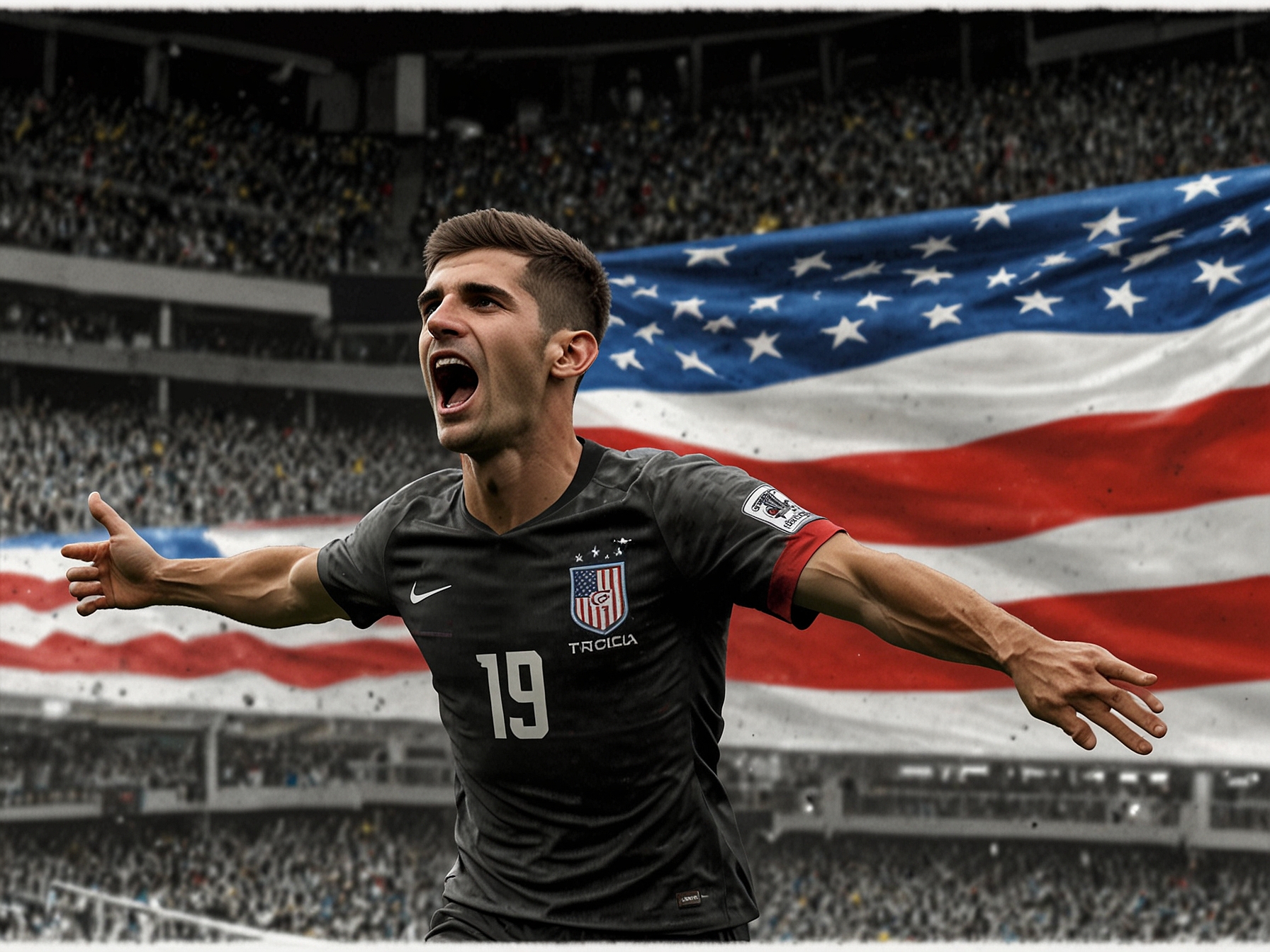 A close-up of Pulisic in action, dribbling the ball with precision and determination, showcasing his skill during a critical play in the game.