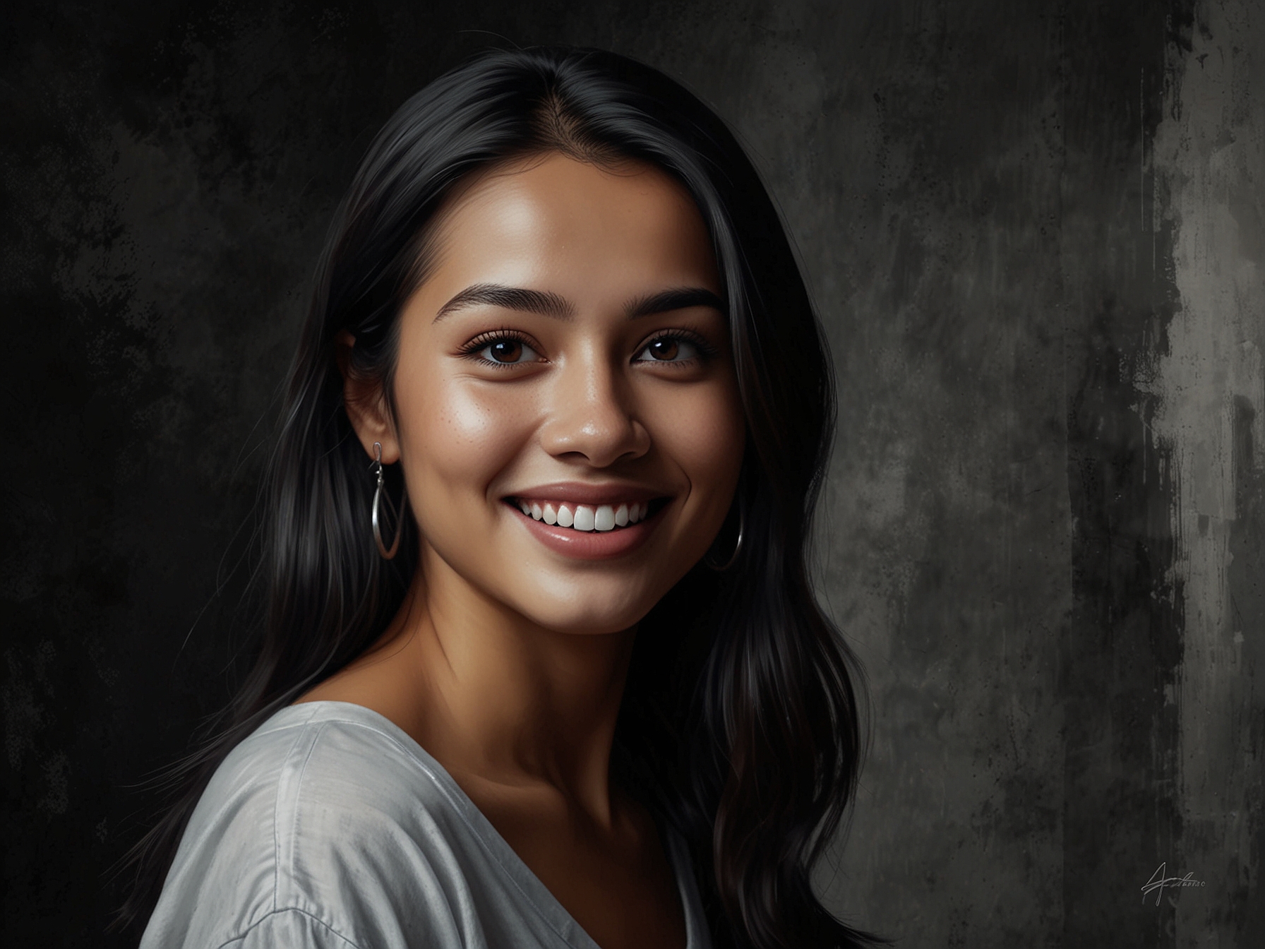 A portrait of Ria Puspita, showcasing her confident smile against a mystical backdrop, representing her transition from black magic to online fame. The image captures a blend of light and shadow, symbolizing her journey of transformation.